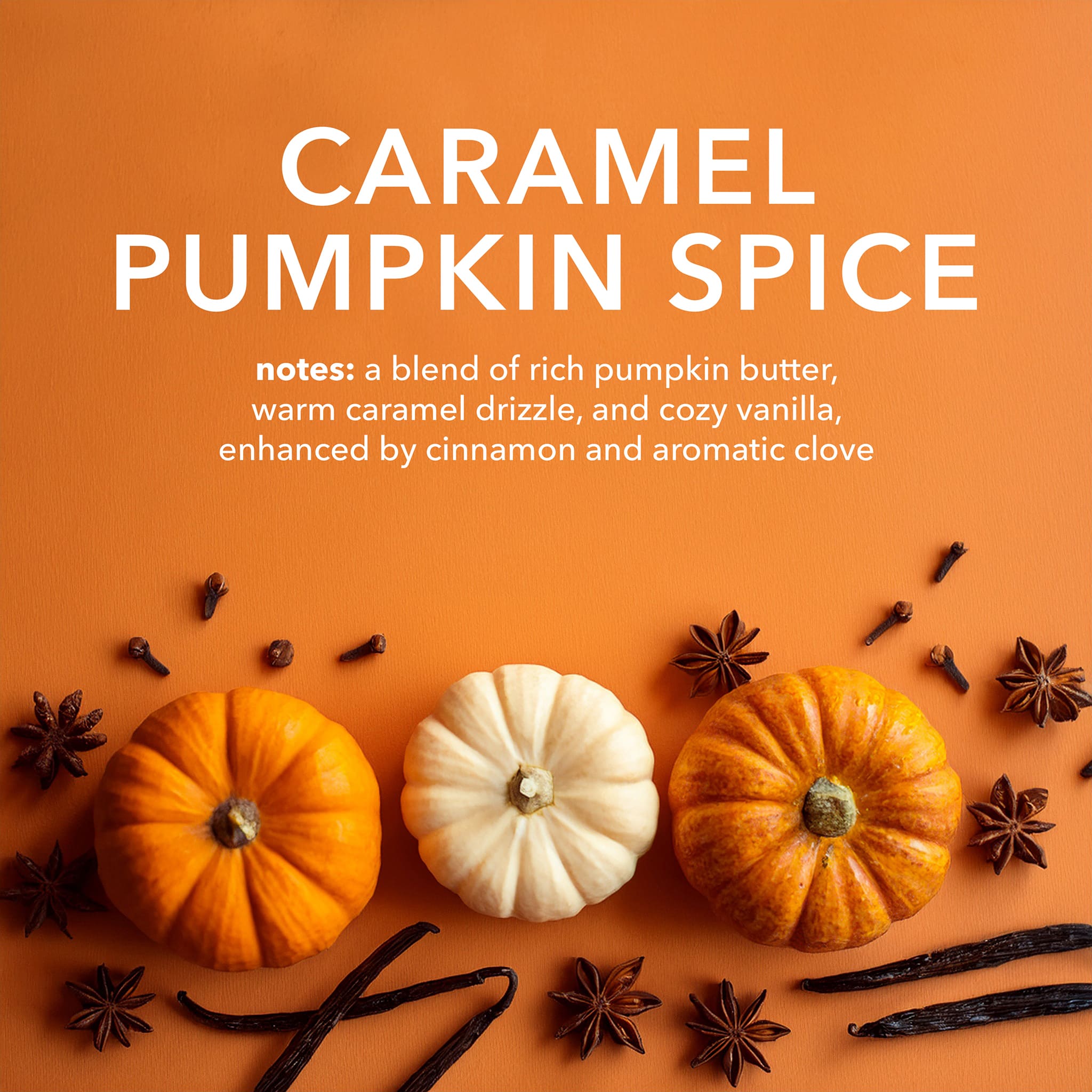 Caramel Pumpkin Spice Fragrance Notes: A blend of rich pumpkin butter, cozy vanilla, and powdered sugar, enhanced by cinnamon and aromatic clove.