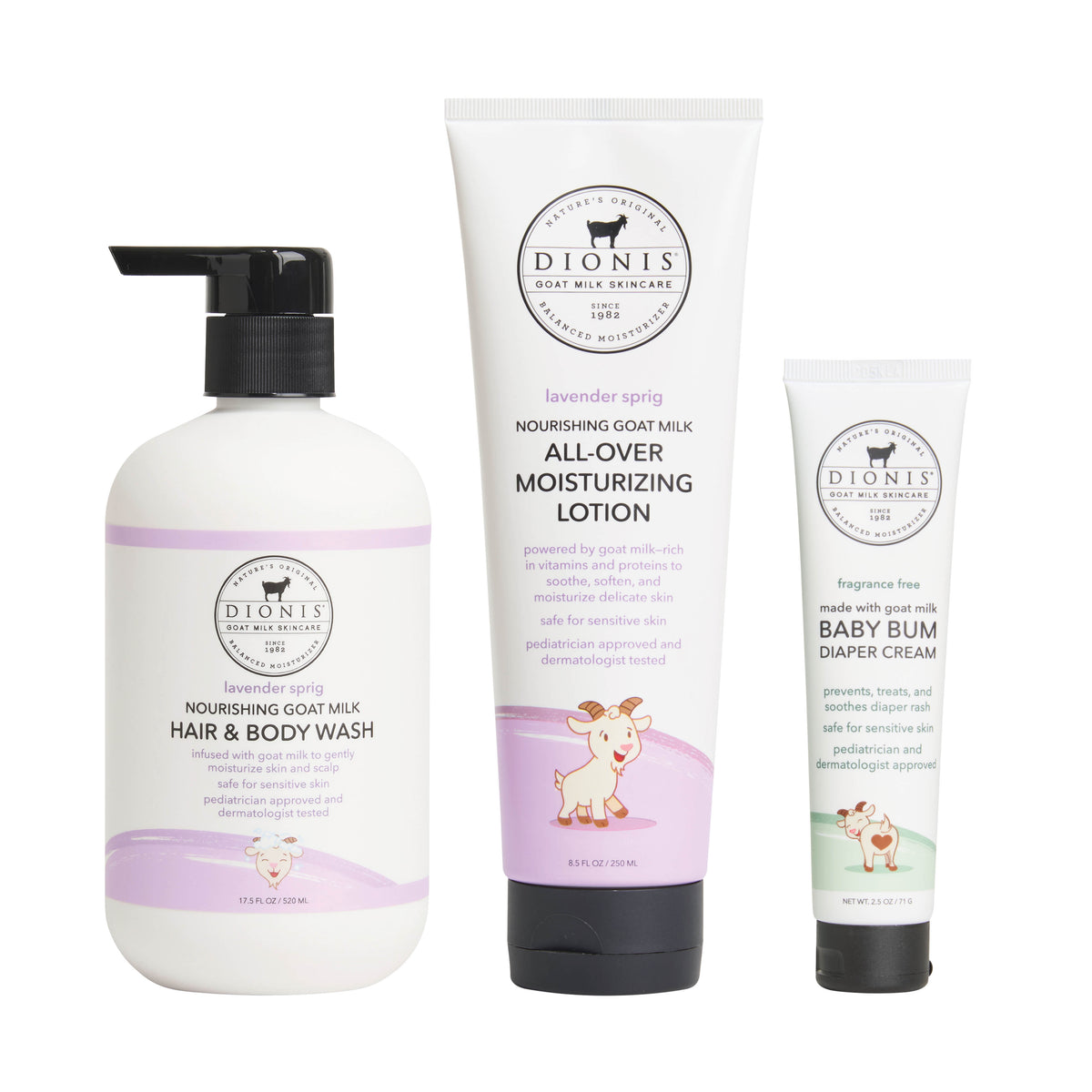 Dionis Baby Lavender Sprig Collection Bundle
Includes:
1 - Hair & Body Wash, Lavender Sprig, 17.5 oz.
1 - All-Over Moisturizing Lotion, Lavender Sprig, 8.5 oz.
1 - Baby Bum Diaper Cream, Fragrance Free, 3 oz.