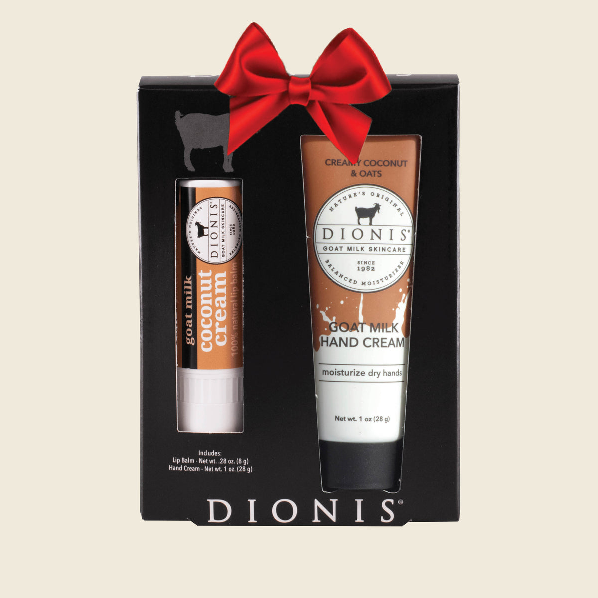 Dionis Goat Milk Skincare Hand & Lip Duo Gift Set, Creamy Coconut, with Red Holiday Bow