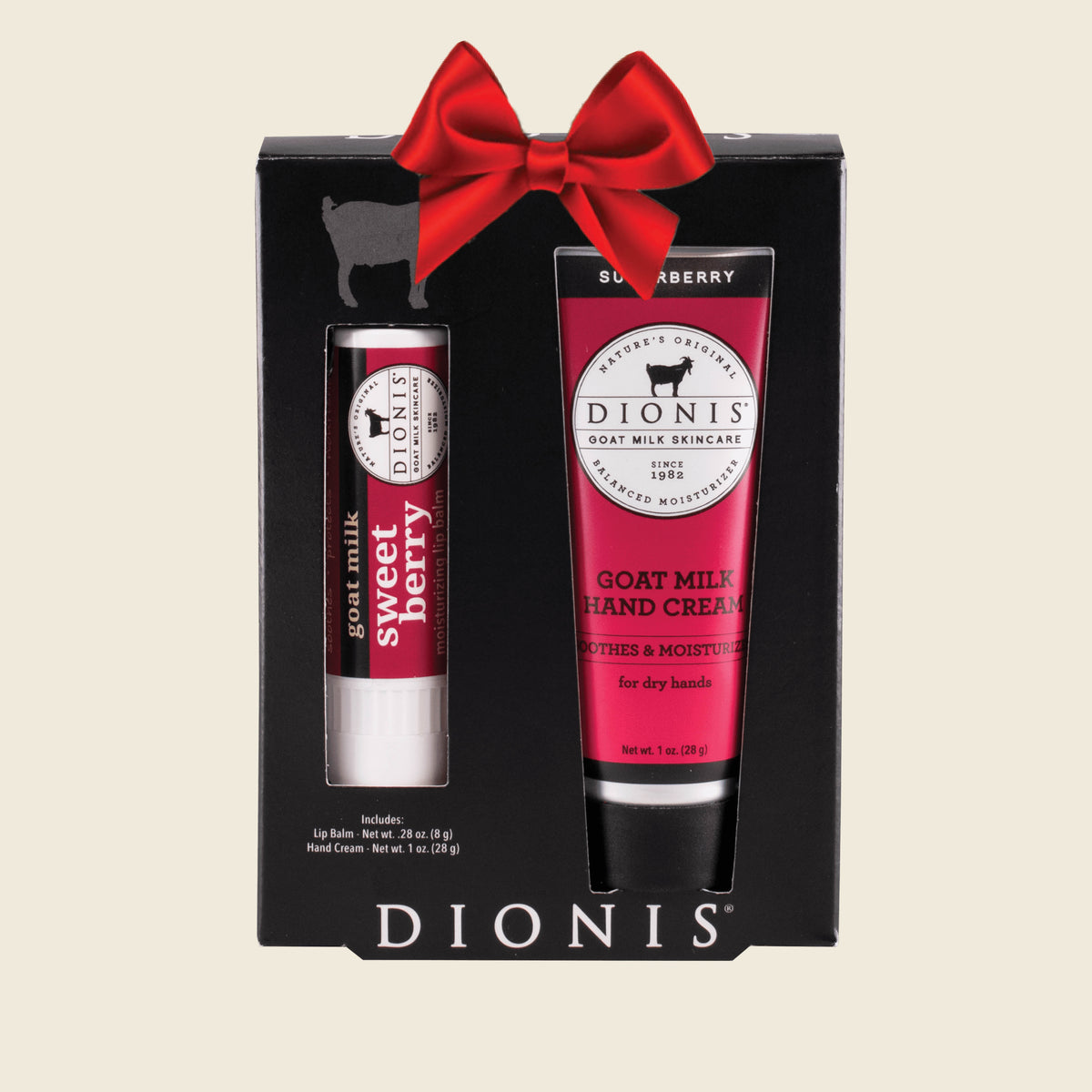 Dionis Goat Milk Skincare Hand & Lip Duo Gift Set, Sweet Sugarberry, with Red Holiday Bow