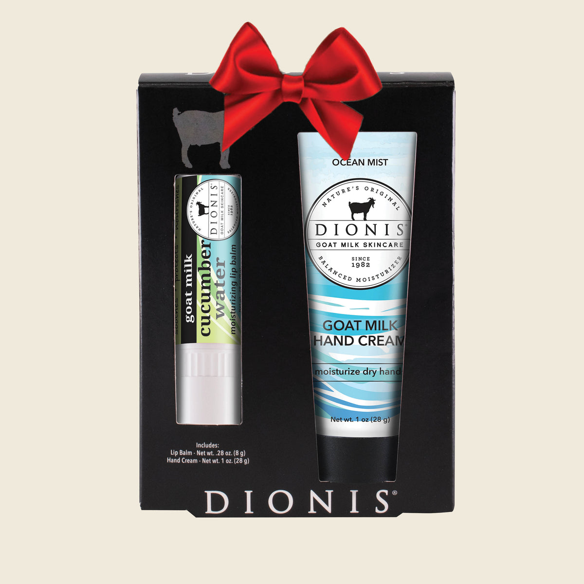 Dionis Goat Milk Skincare Hand & Lip Duo Gift Set, Cucumber Water & Ocean Mist, with Red Holiday Bow