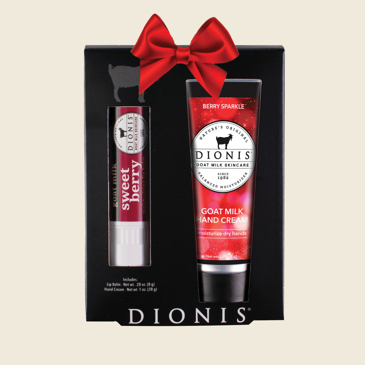 Dionis Goat Milk Skincare Hand & Lip Duo Gift Set, Berrylicious, with Red Holiday Bow