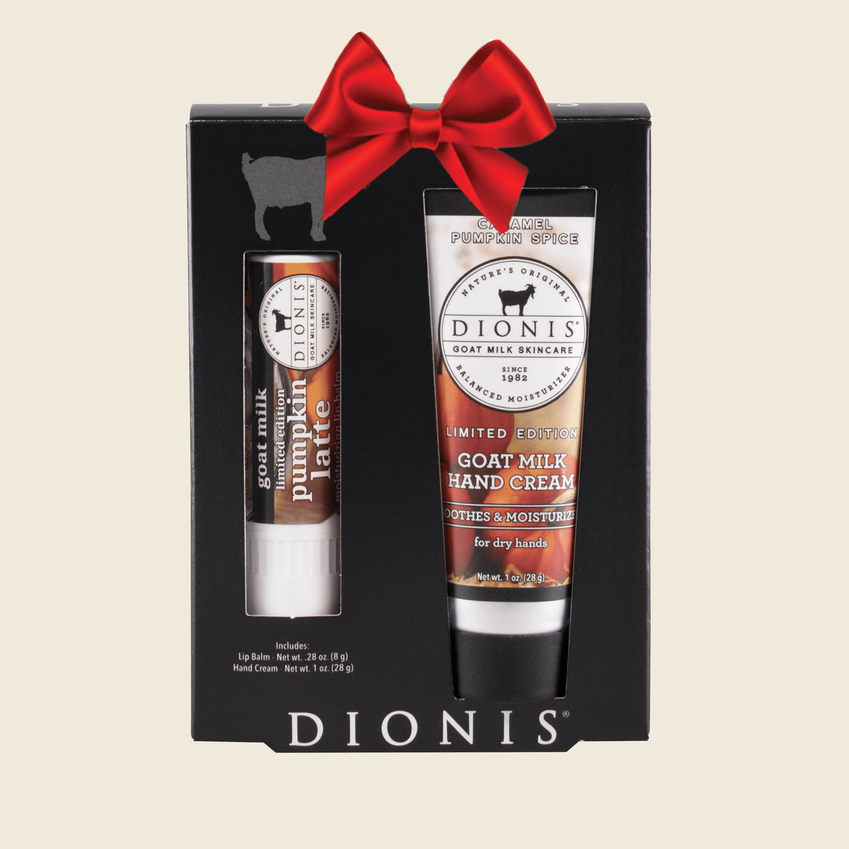 Dionis Goat Milk Skincare Hand & Lip Duo Gift Set, Pumpkin, with Red Holiday Bow