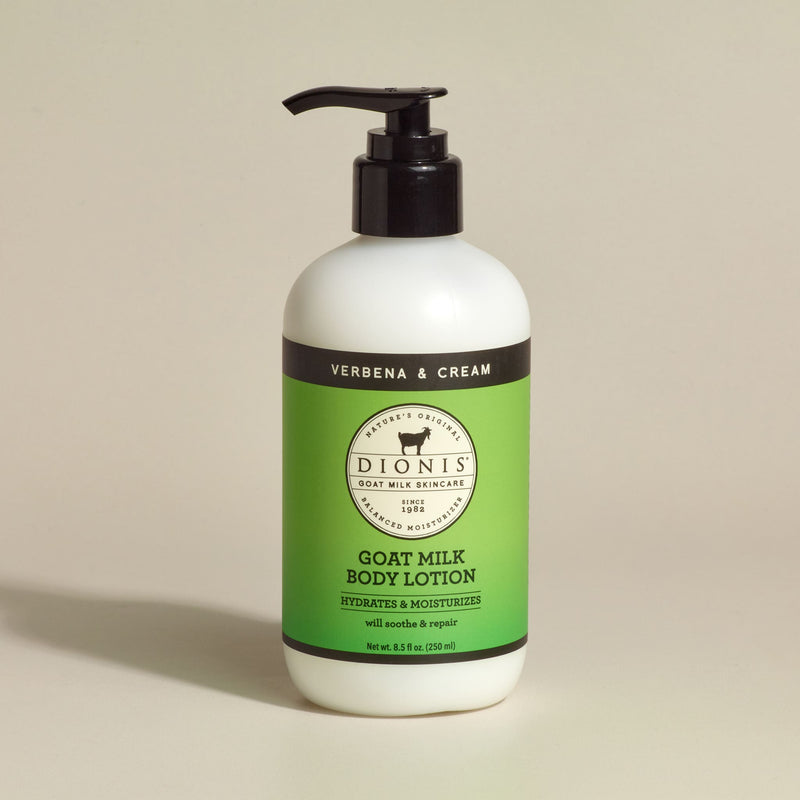 Dionis Goat Milk Body Lotion, Lemon Verbena & Cream, 8.5 fl oz with black pump.