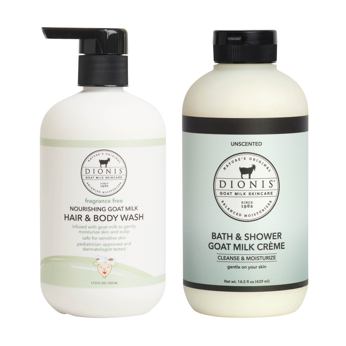 Dionis Baby Hair & Body Wash, Fragrance Free and Bath & Shower Goat Milk Creme, Unscented Mommy & Me Bundle
Includes:
1 - Hair & Body Wash, Fragrance Free, 17.5 oz.
1 - Dionis Bath & Shower Goat Milk Creme, Unscented, 14.5 oz.