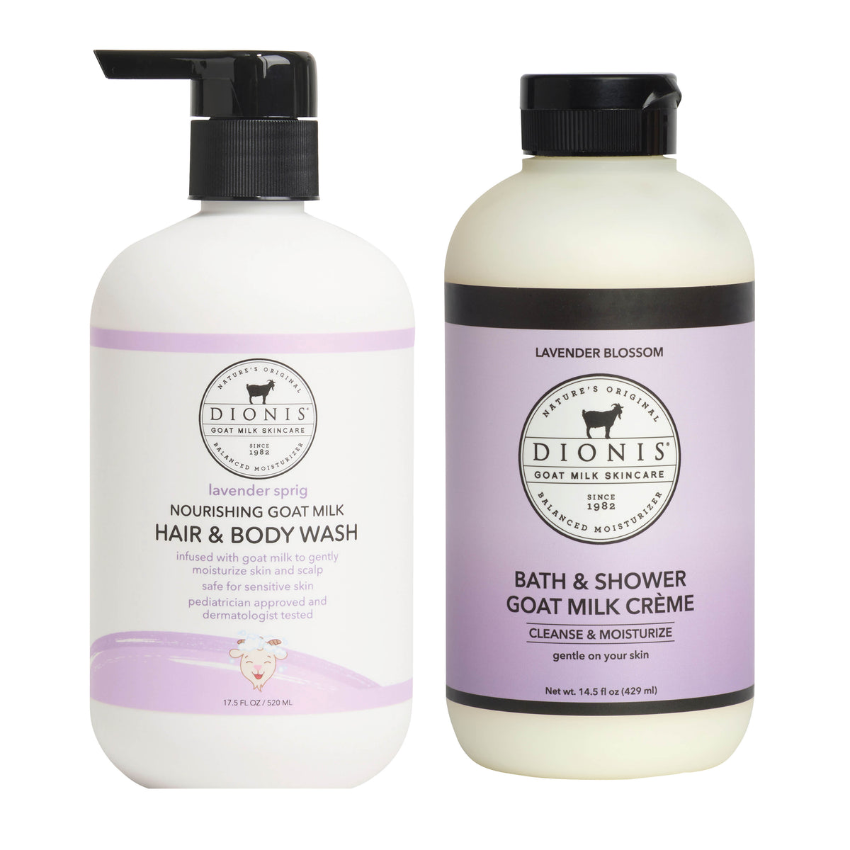 Dionis Baby Hair & Body Wash, Lavender Sprig and Bath & Shower Goat Milk Creme, Lavender Blossom Mommy & Me Bundle
Includes:
1 - Hair & Body Wash, Lavender Sprig, 17.5 oz.
1 - Dionis Bath & Shower Goat Milk Creme, Lavender Blossom, 14.5 oz.