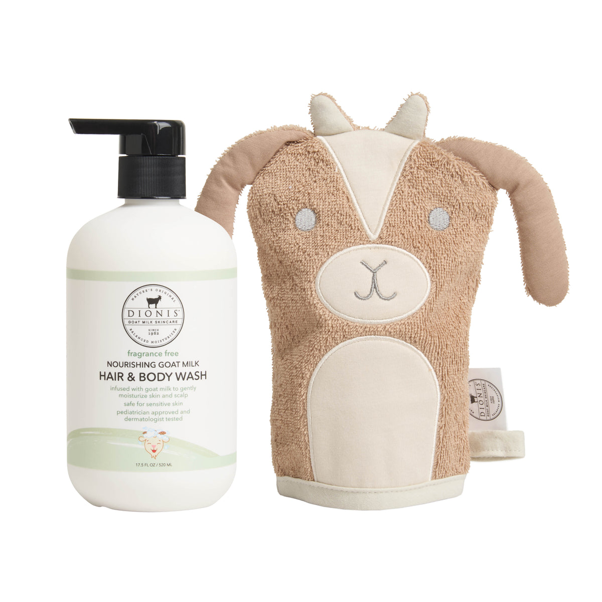 Dionis Baby Hair & Body Wash, Fragrance Free & Billy the Bath Mitt Bundle
Includes:
1 - Hair & Body Wash, Fragrance Free, 17.5 oz.
1 - Billy the Goat Bath Mitt
