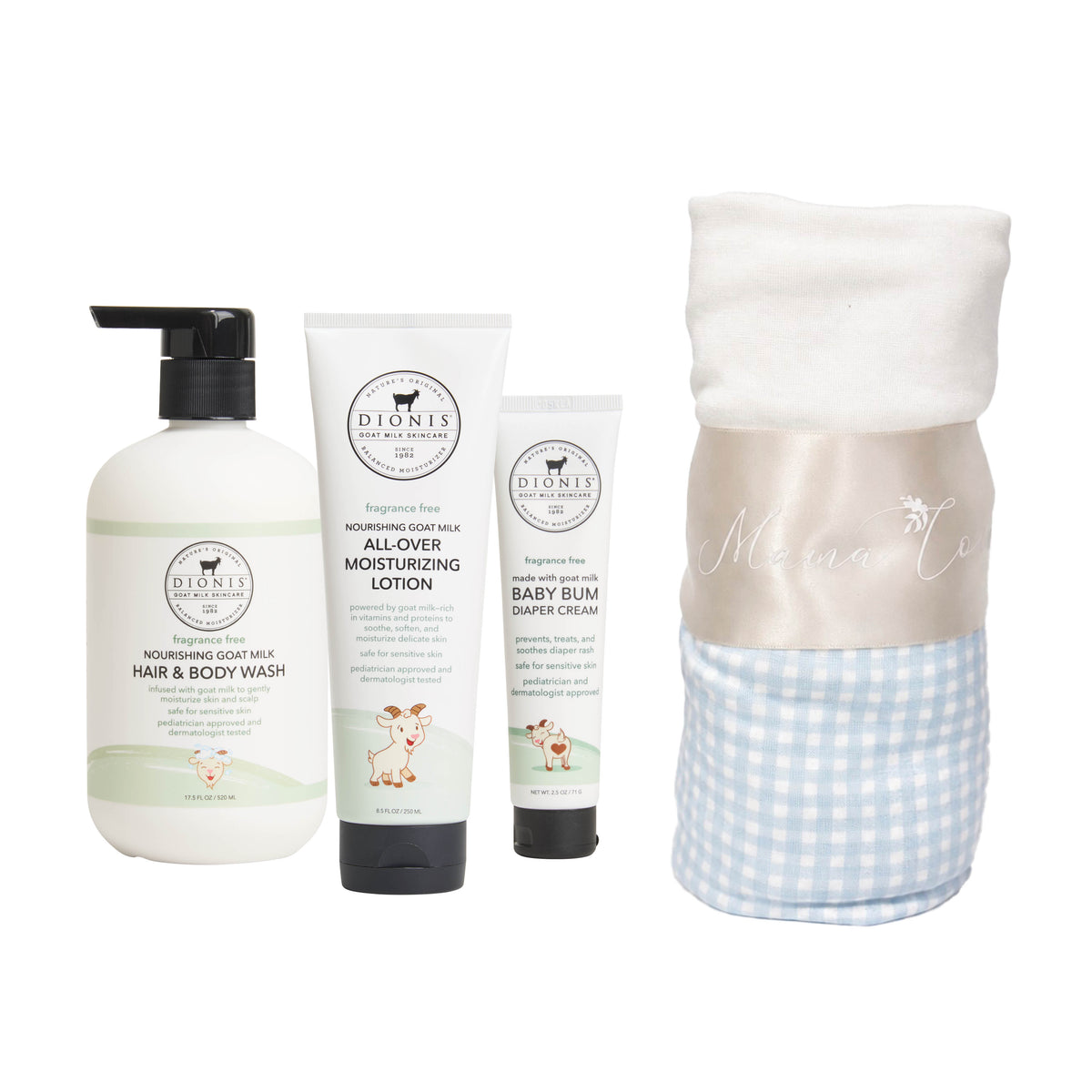 A baby care gift set from Dionie featuring a pump bottle of Hair & Body Wash, a tube of All-Over Moisturizing Lotion, a tube of Baby Bum diaper cream, and a folded white muslin cloth with a blue-and-white gingham bottom, shown on a white background.