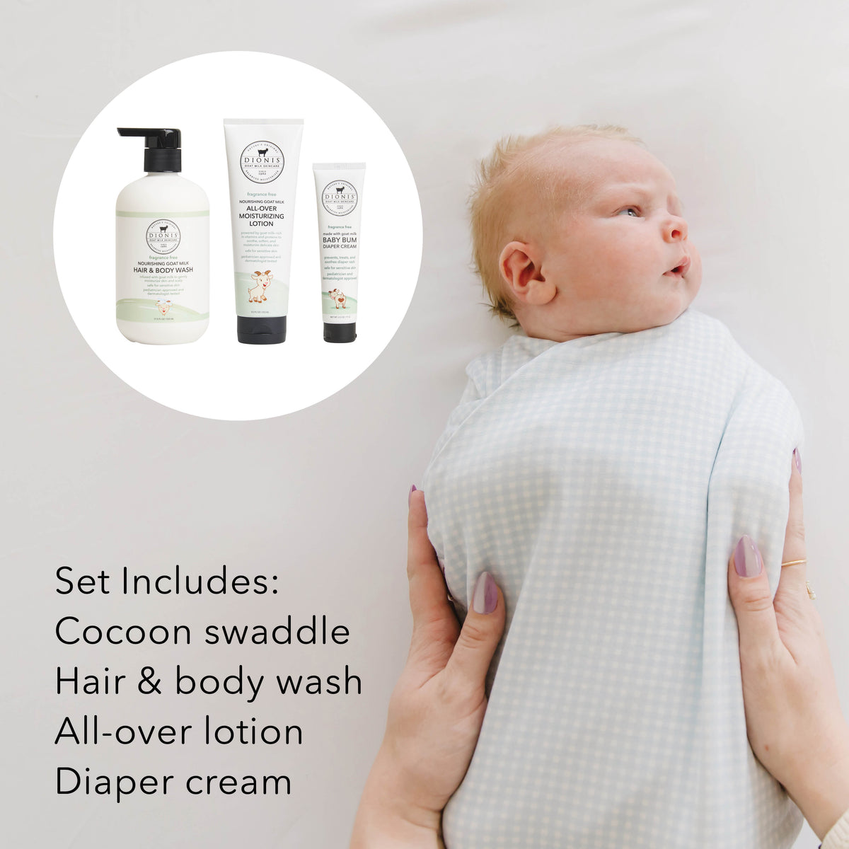 A baby wrapped in a light blue and white checkered cocoon swaddle is held by hands, with an inset showing three baby care products: a pump bottle, a tube of hair and body wash, and a tube of all-over lotion. Text on the left lists the included items.