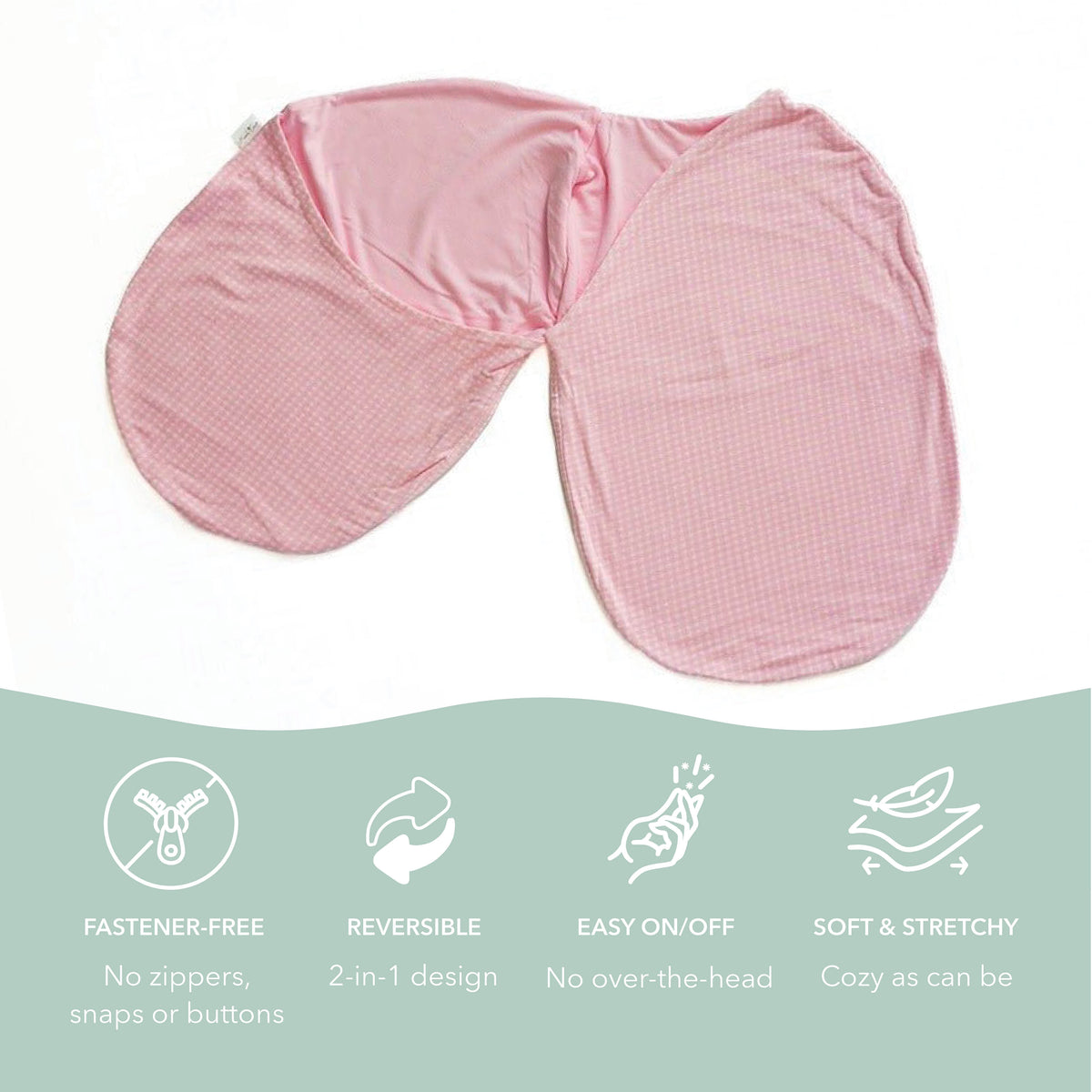 A pink checkered baby swaddle blanket shown on a white background with a light green informational banner at the bottom highlighting key features like fastener-free design, reversibility, and soft stretchy fabric.