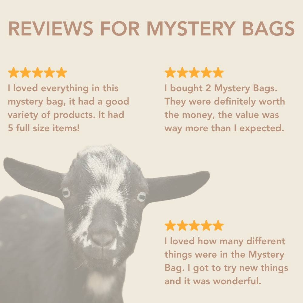 5-star reviews received from previous mystery bags offered in the past. With a picture of a baby goat coming up from the bottom left corner.