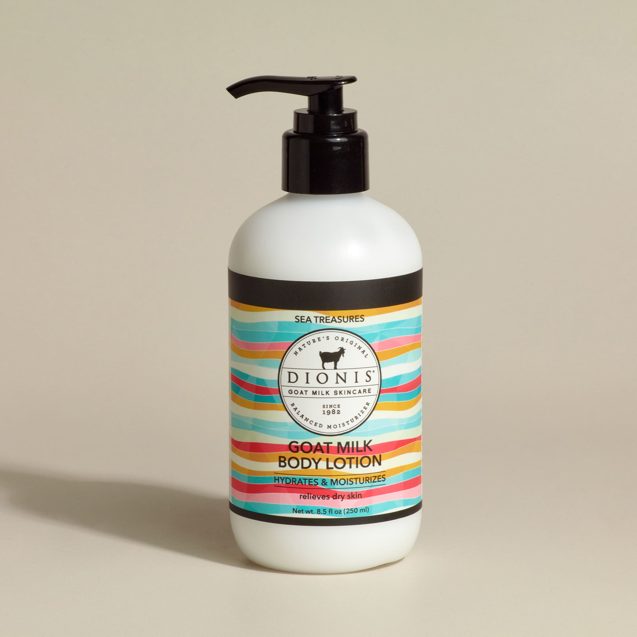 Dionis Goat Milk Body Lotion, Sea Treasures, 8.5 fl oz with black pump.