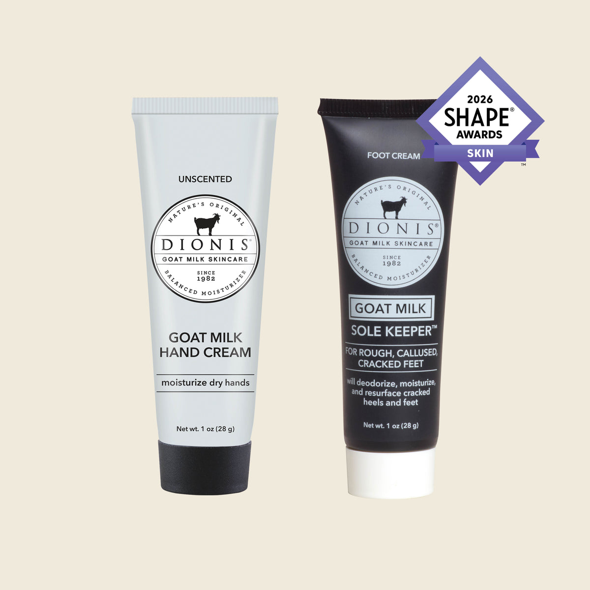 Intense Hand & Foot Set
Includes:
Dionis Goat Milk Sole Keeper Foot Cream, 1 oz
Dionis Goat Milk Hand Cream, Unscented, 1 oz
2026 Shape® Skin Award logo is a trademark of Meredith Operation Corporation, a Dotdash Meredith company. Used under license.