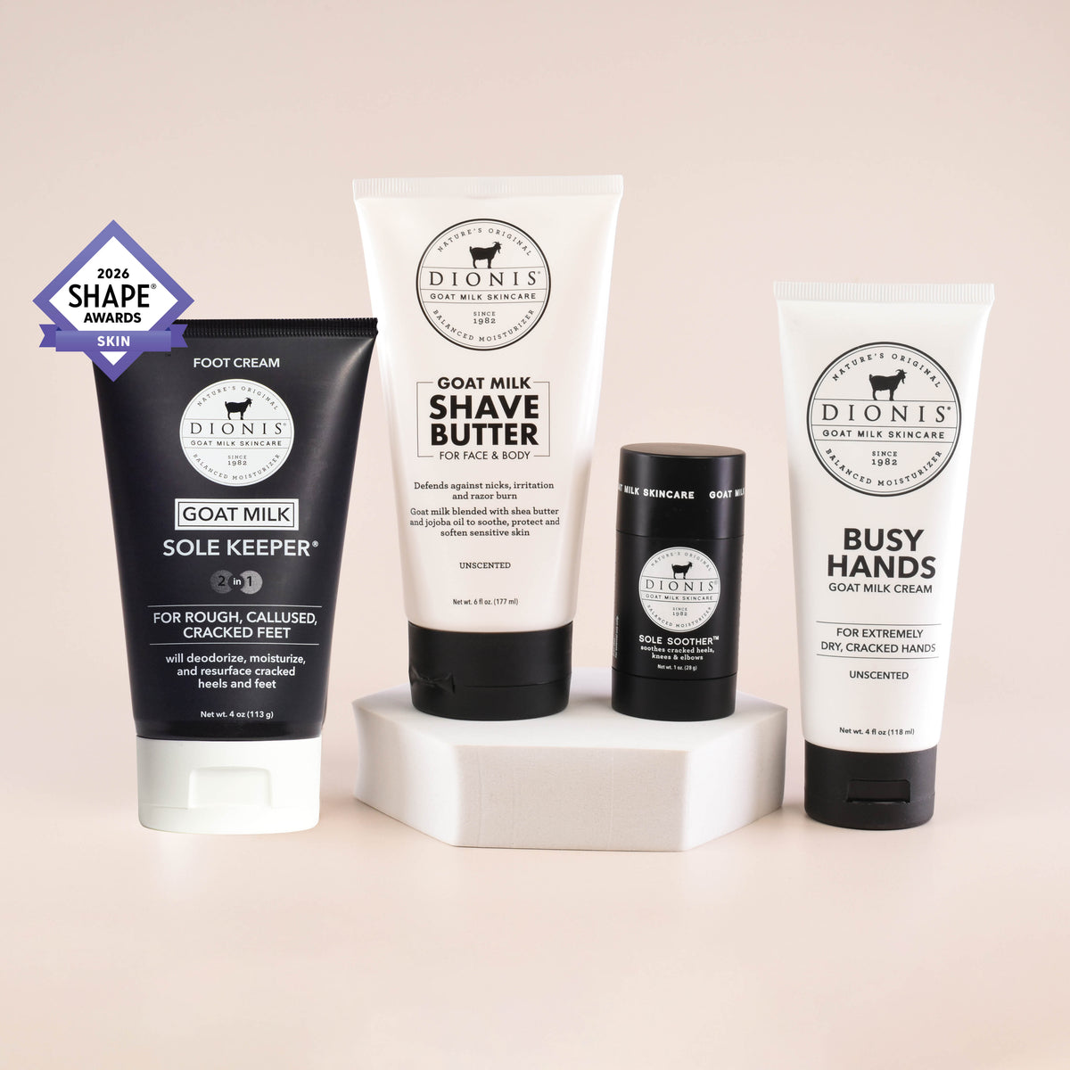 Soothe & Smooth Essentials Bundle
Includes:
Dionis Goat Milk Sole Keeper Foot Cream, 4 oz
Dionis Goat Milk Shave Butter, 6 oz
Dionis Goat Milk Sole Soother Body Balm, 1 oz
Dionis Goat Milk Busy Hands Cream, 4 oz
2026 Shape® Skin Award logo is a trademark of Meredith Operation Corporation, a Dotdash Meredith company. Used under license.