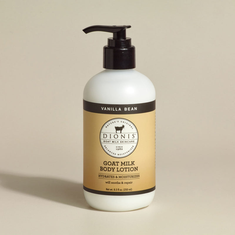 Dionis Goat Milk Body Lotion, Vanilla Bean, 8.5 fl oz with black pump.