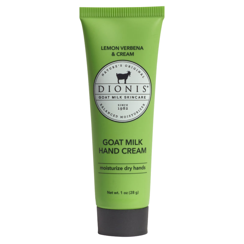 Green tube of Dionis Goat Milk Hand Cream on a white background