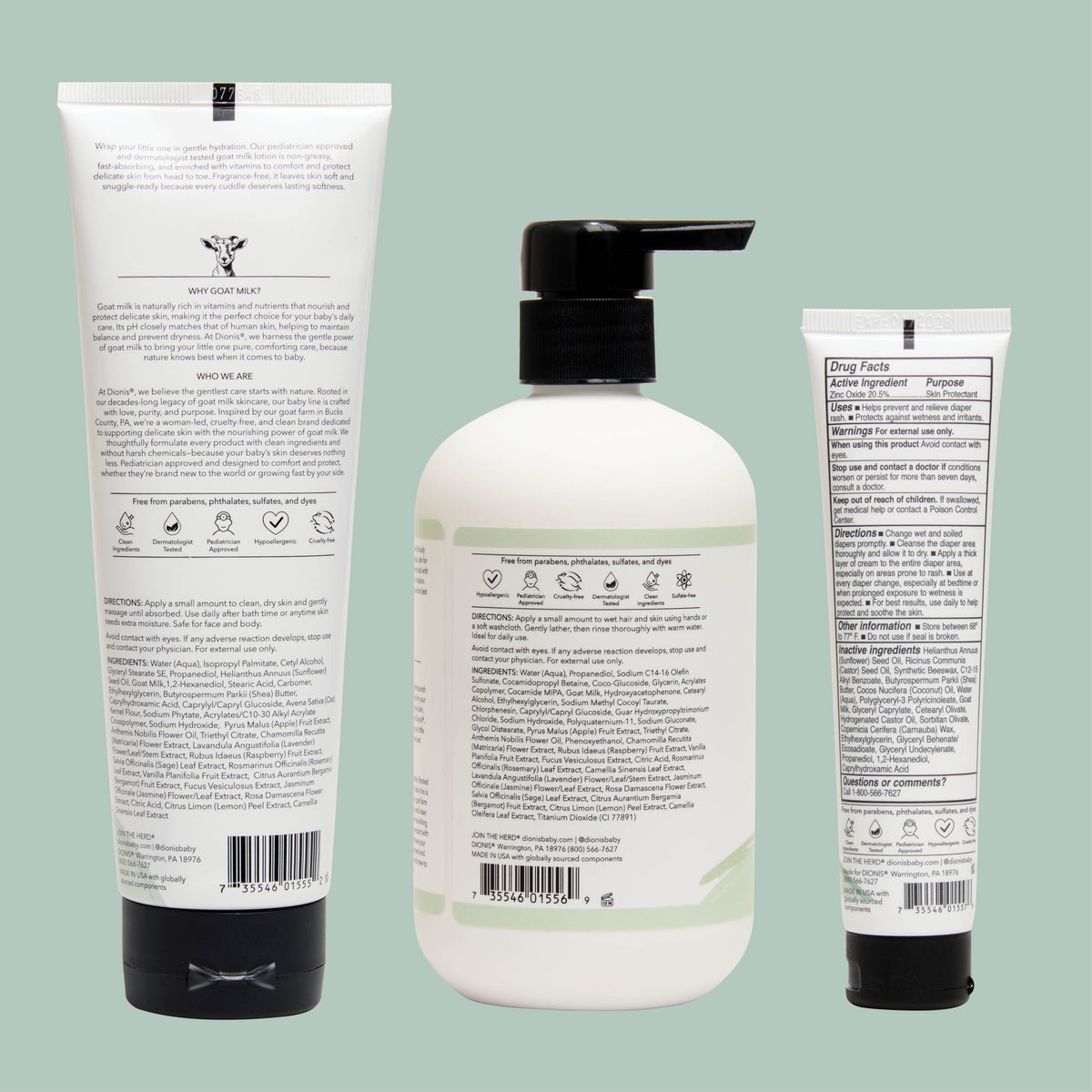 Dionis Baby Skincare Collection, Back of Products with Full Ingredient Lists
Fragrance Free All-Over Moisturizing Lotion
Fragrance Free Hair & Body Wash
Baby Bum Diaper Cream