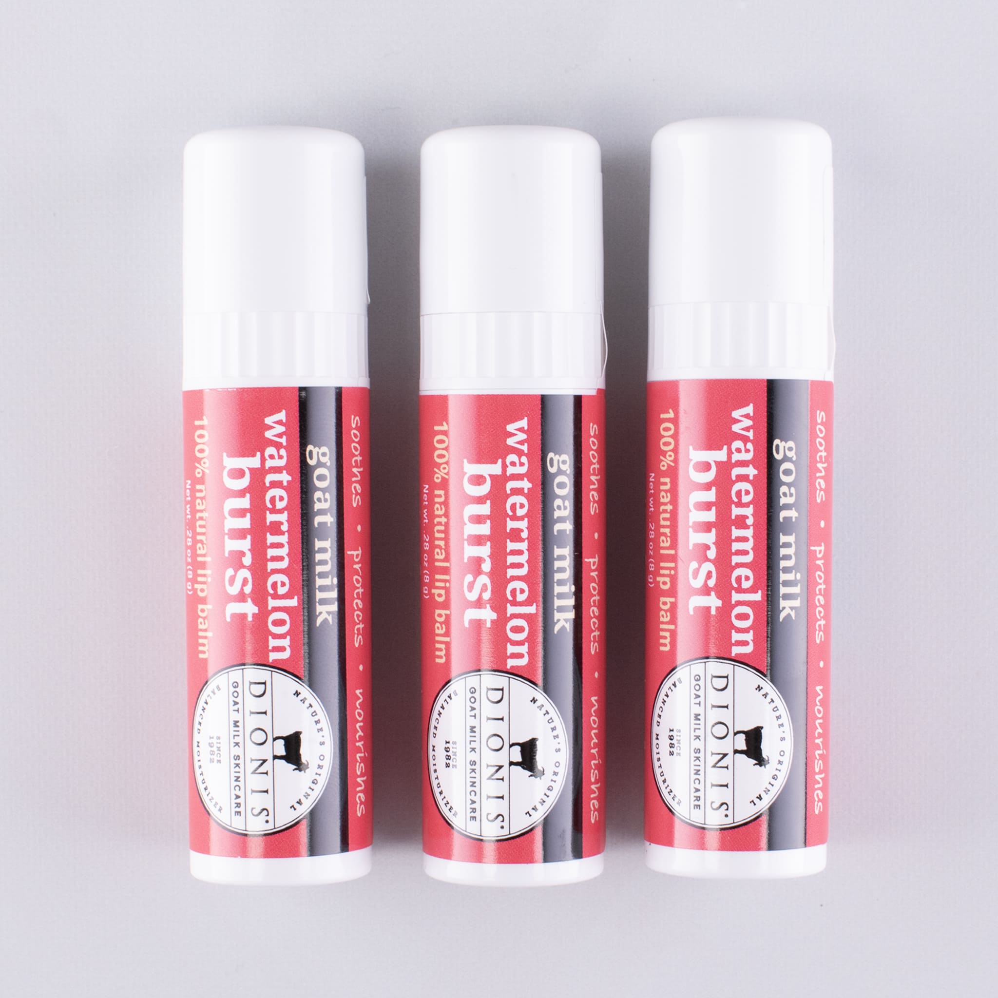 3 Watermelon Burst goat milk lip balms lined up