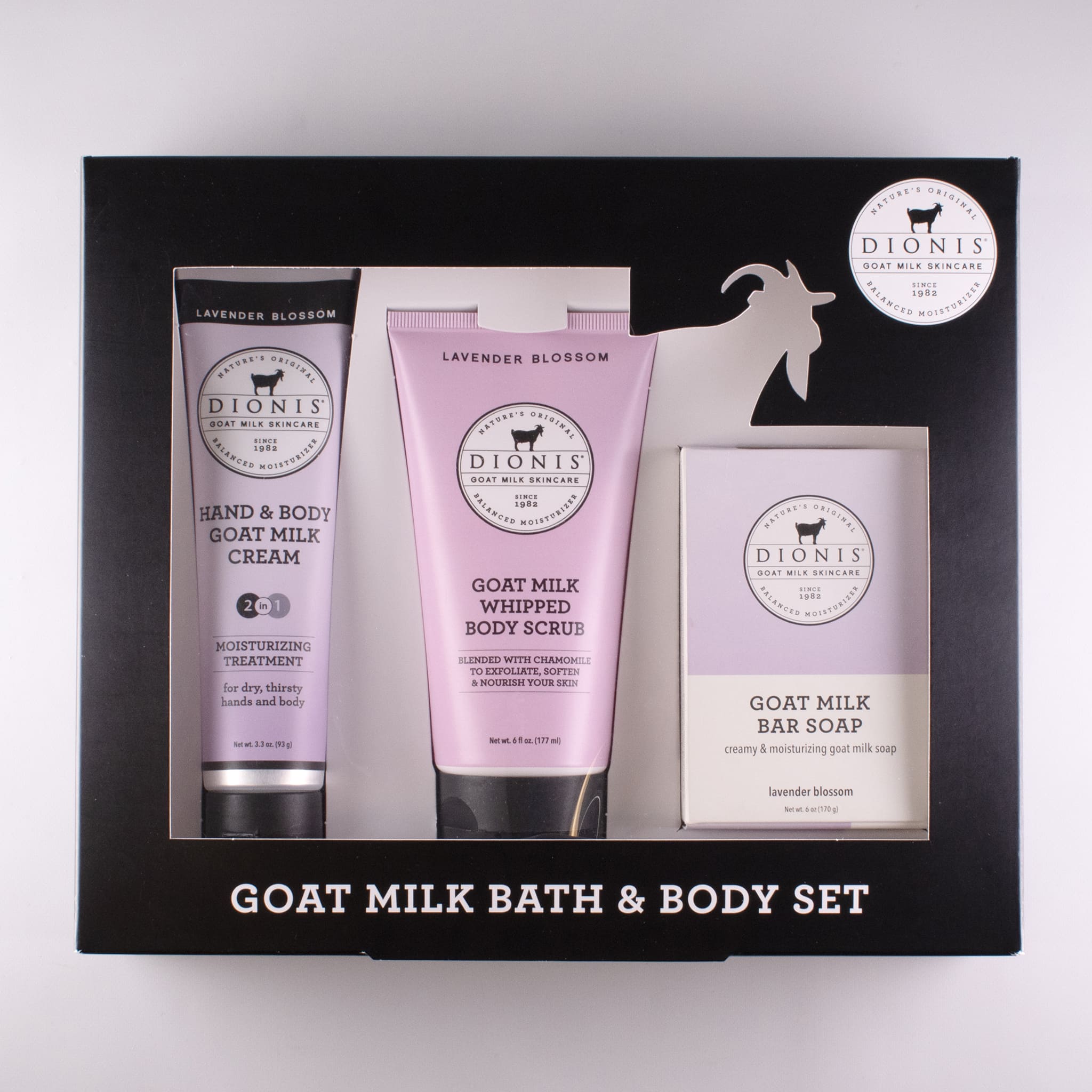 Black gift box with Lavender Blossom hand & body goat milk cream, whipped body scrub, and bar soap together