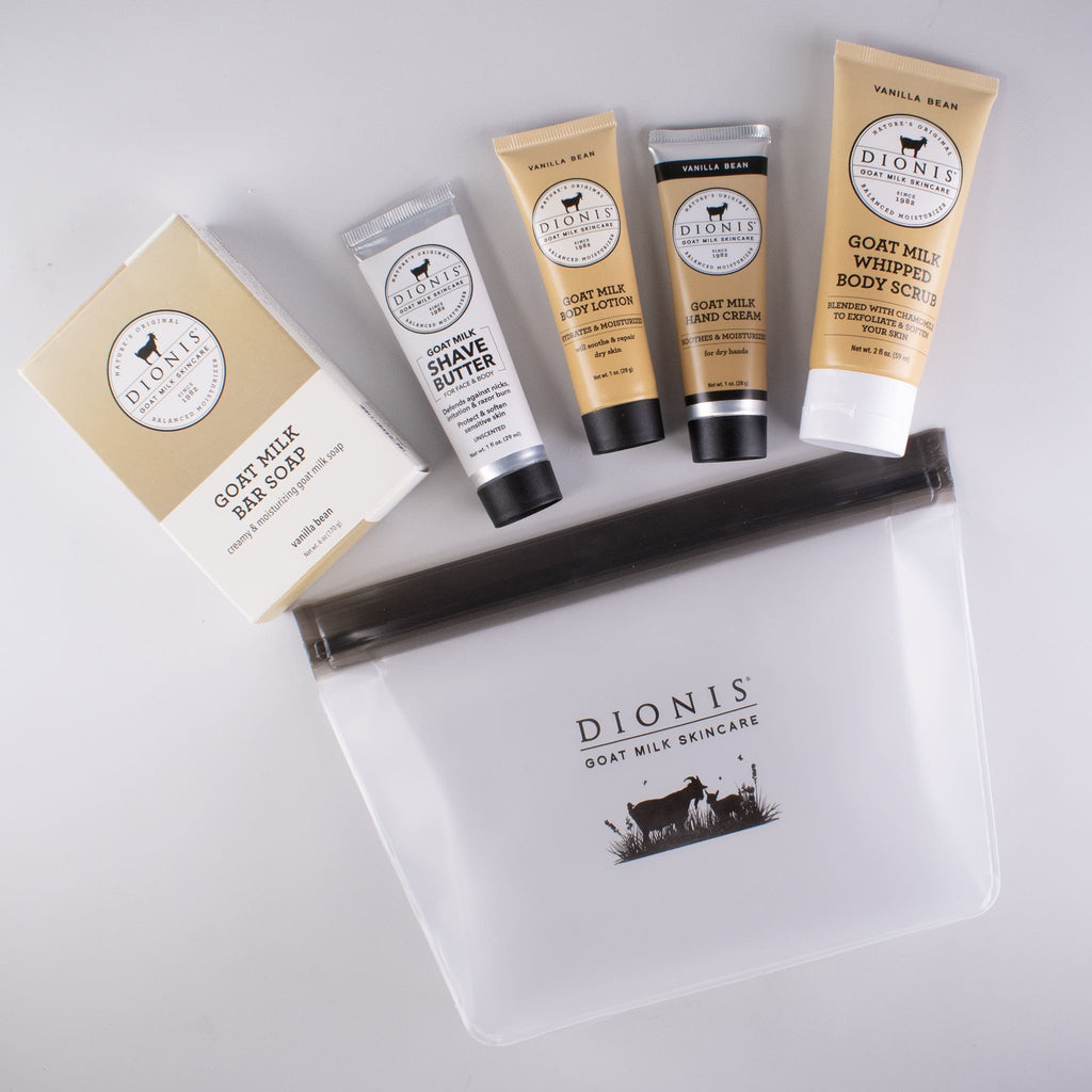 Dionis Travel Kit in Vanilla Bean, showing all 5 products coming out of the clear travel bag
