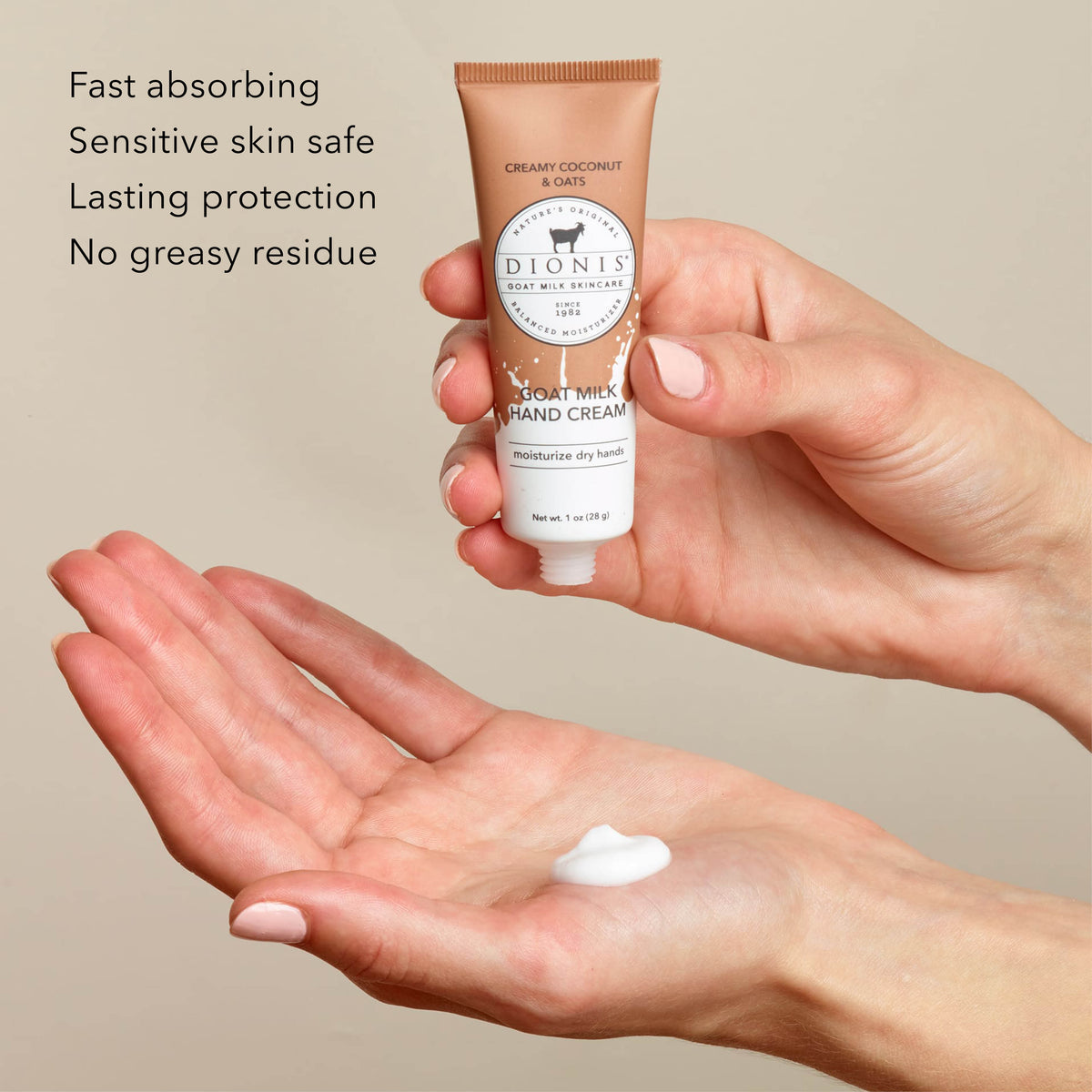 Dionis Goat Milk Hand Cream, Creamy Coconut & Oats, 1 oz, in model's hands.