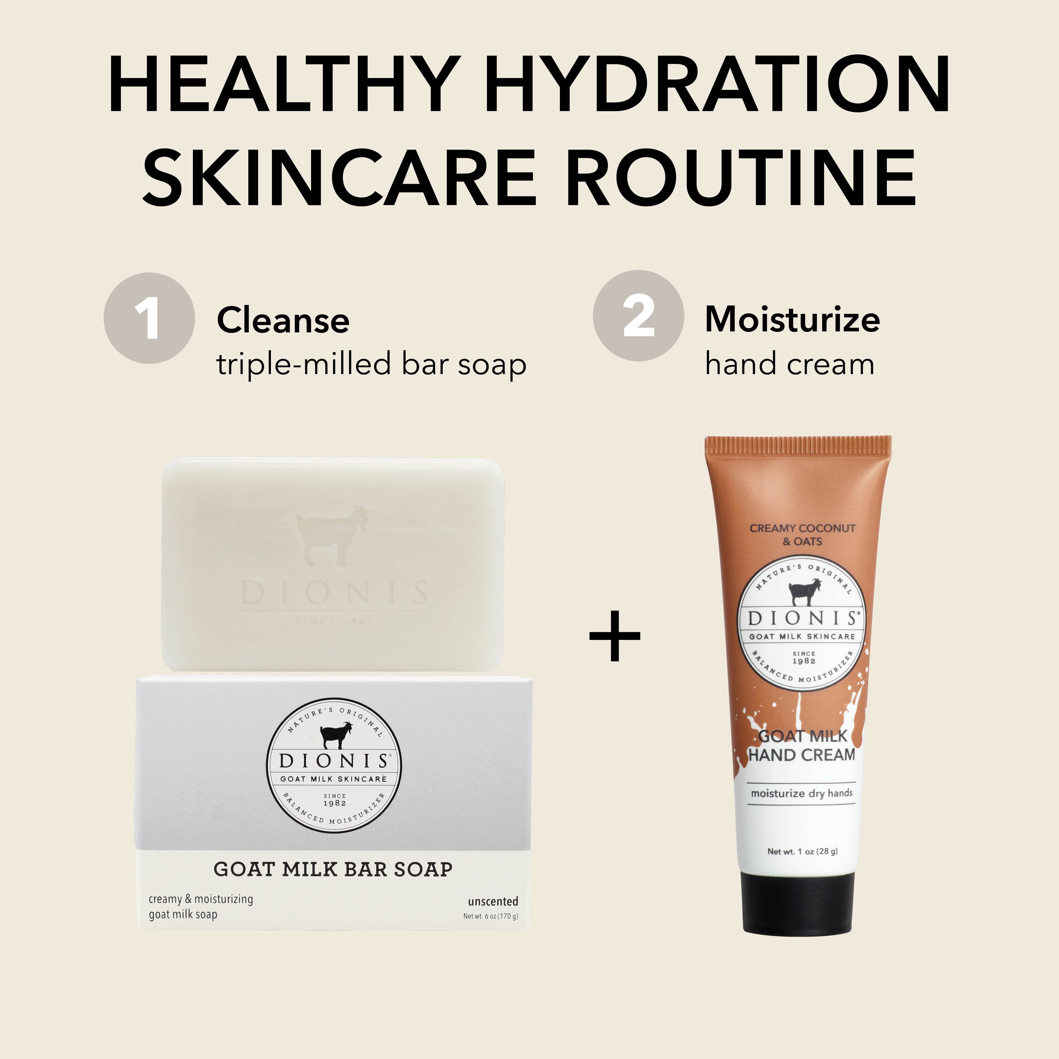 Skincare routine with Dionis Goat Milk Skincare unscented bar soap and goat milk hand cream in Creamy Coconut & Oats on a beige background
