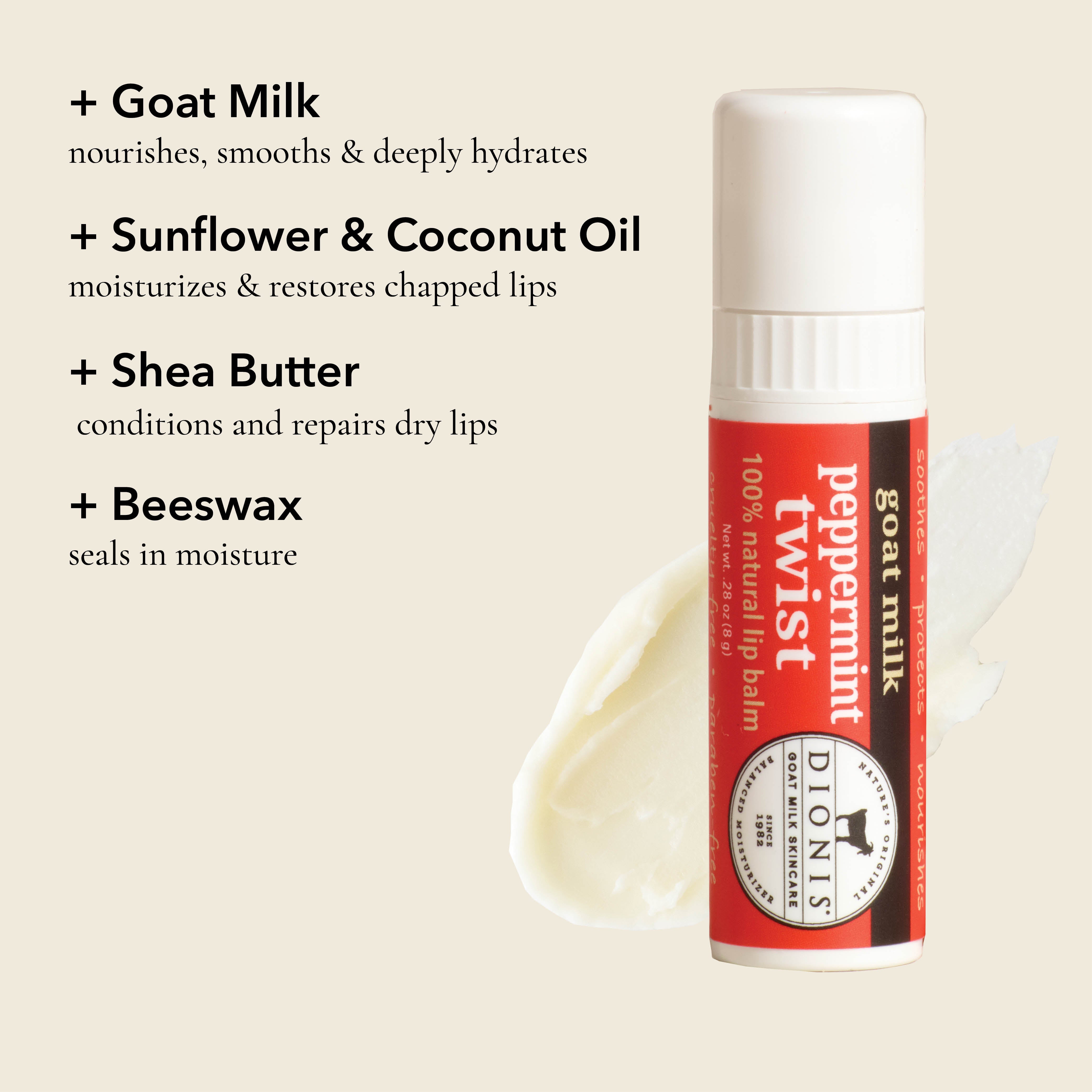 Dionis Peppermint Twist lip balm tube shown on a light beige background with product benefits listed on the left and a cream-colored lip balm smear graphic.