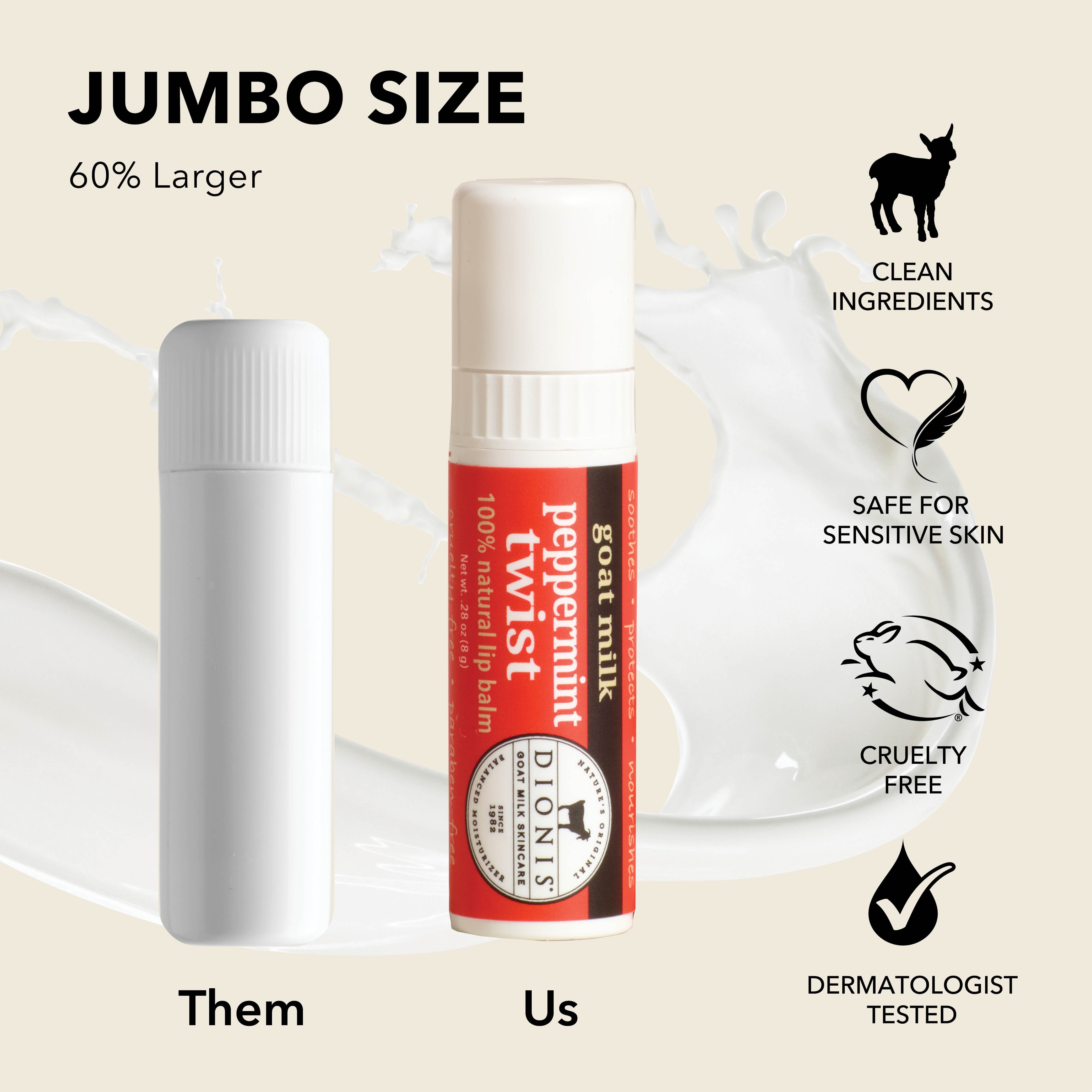 A promotional product graphic for a lip balm. The main item shown is a small cylindrical lip balm tube labeled 'peppermint twist' with goat milk scent, standing next to an empty white tube.