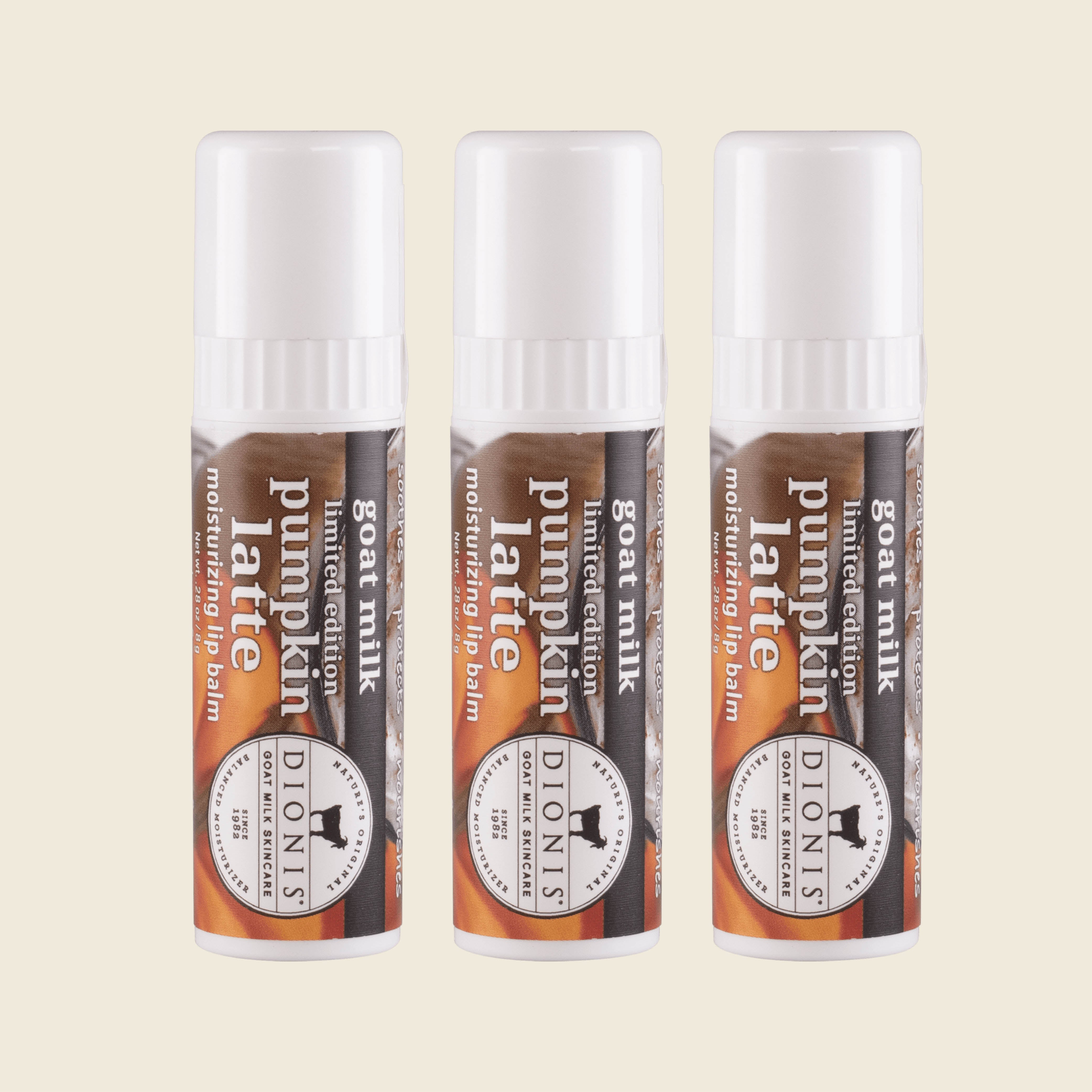 Dionis Goat Milk Lip Balm, Pumpkin Latte, Set of 3. 