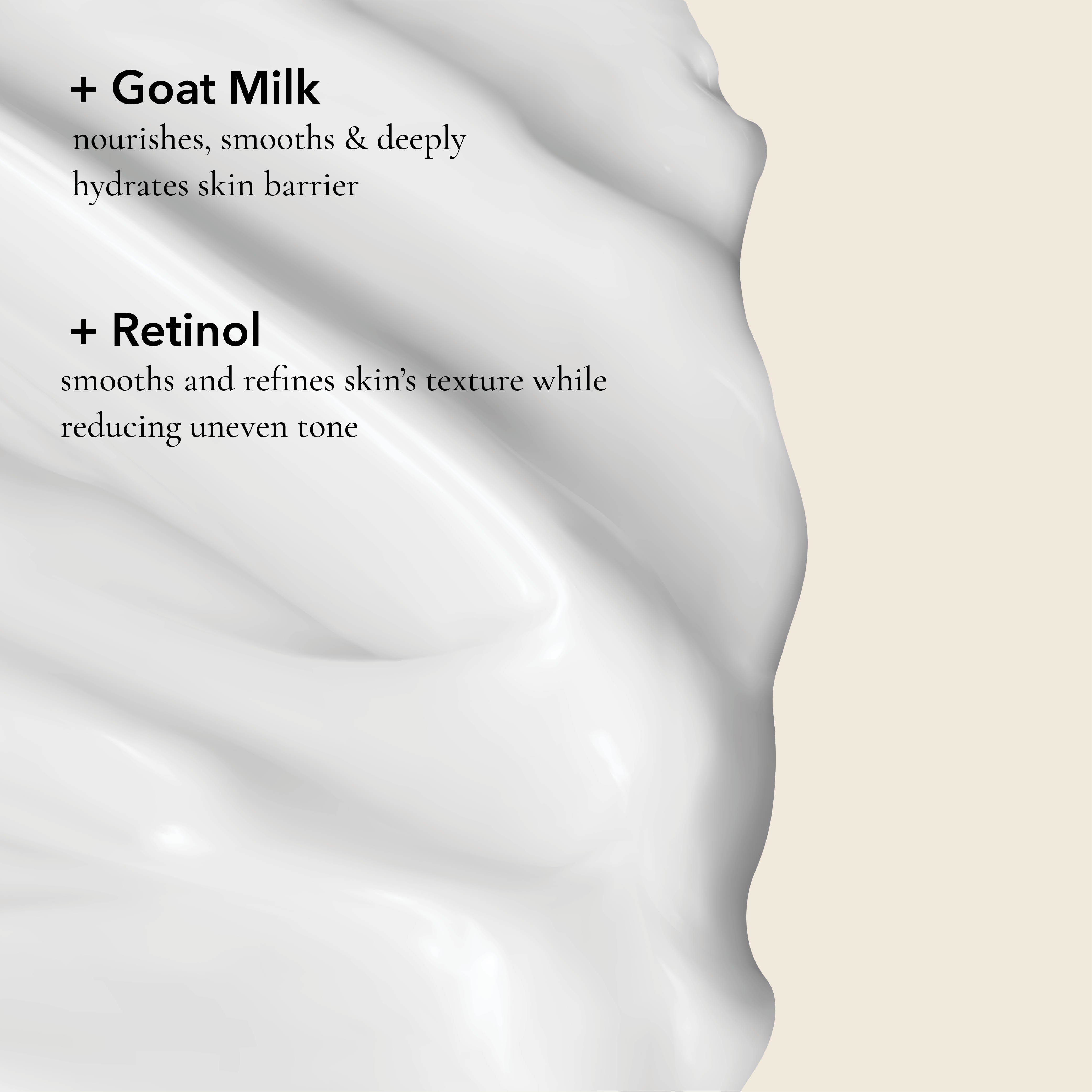 Dionis Goat Milk Skincare swab of Body Lotion with Retinol, highlighted ingredients. Goat Milk: nourishes, smooths & deeply hydrates skin barrier. Retinol smooths and refines skin's texture while reducing uneven tone. 