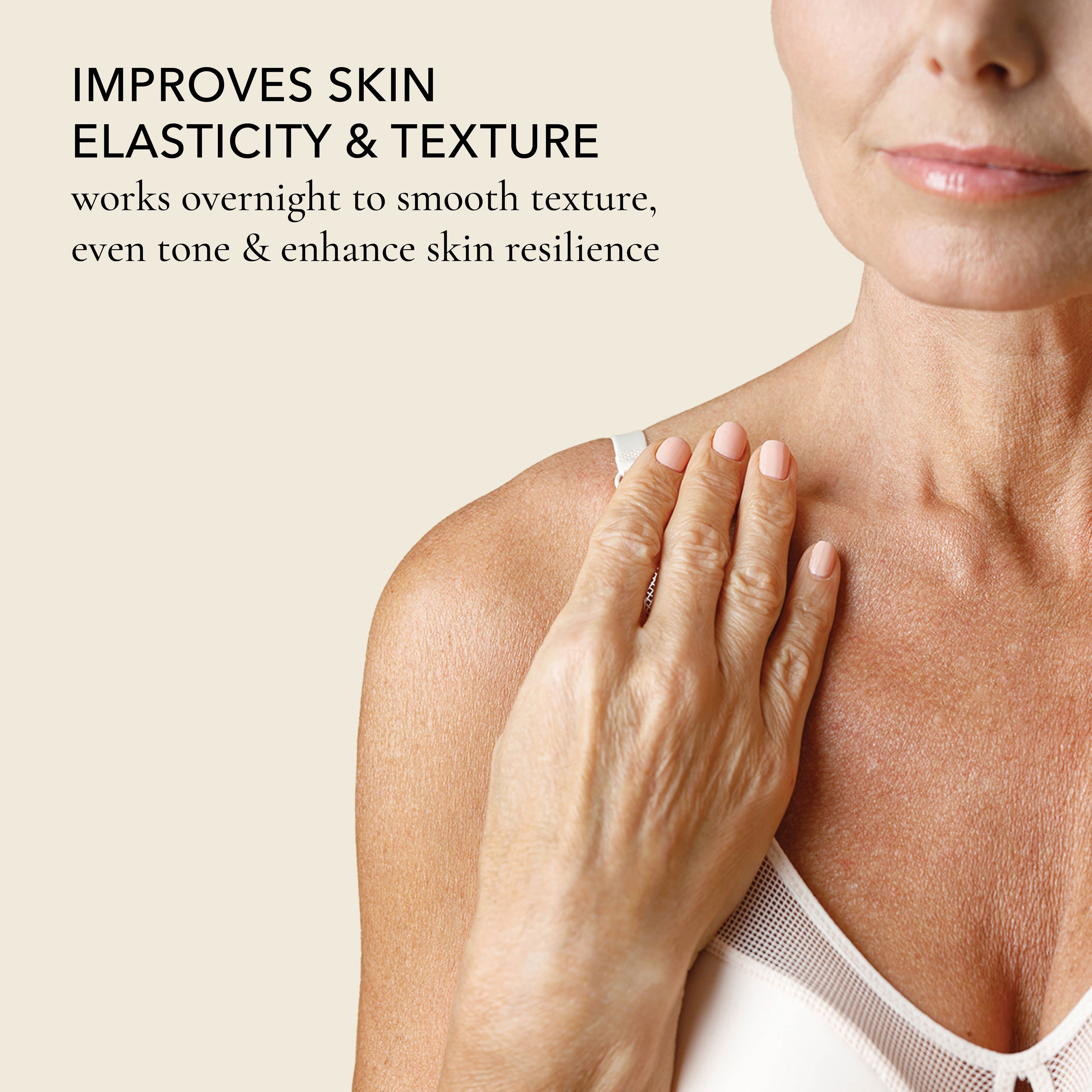 Close-up of a woman's neck and shoulder with text on the left reading 'IMPROVES SKIN ELASTICITY & TEXTURE' and 'works overnight to smooth texture, even tone & enhance skin resilience.' No product is clearly visible.