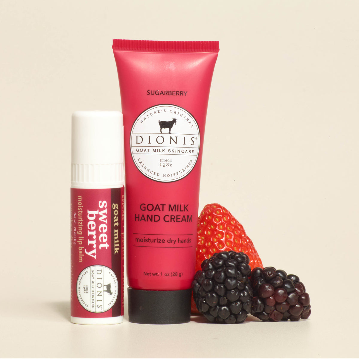 Berrylicious Lip & Hand Set

Includes:
1 - Dionis Goat Milk Lip Balm, Sweet Berry, .28 oz
1 - Dionis Goat Milk Hand Cream, Sugarberry, 1 oz