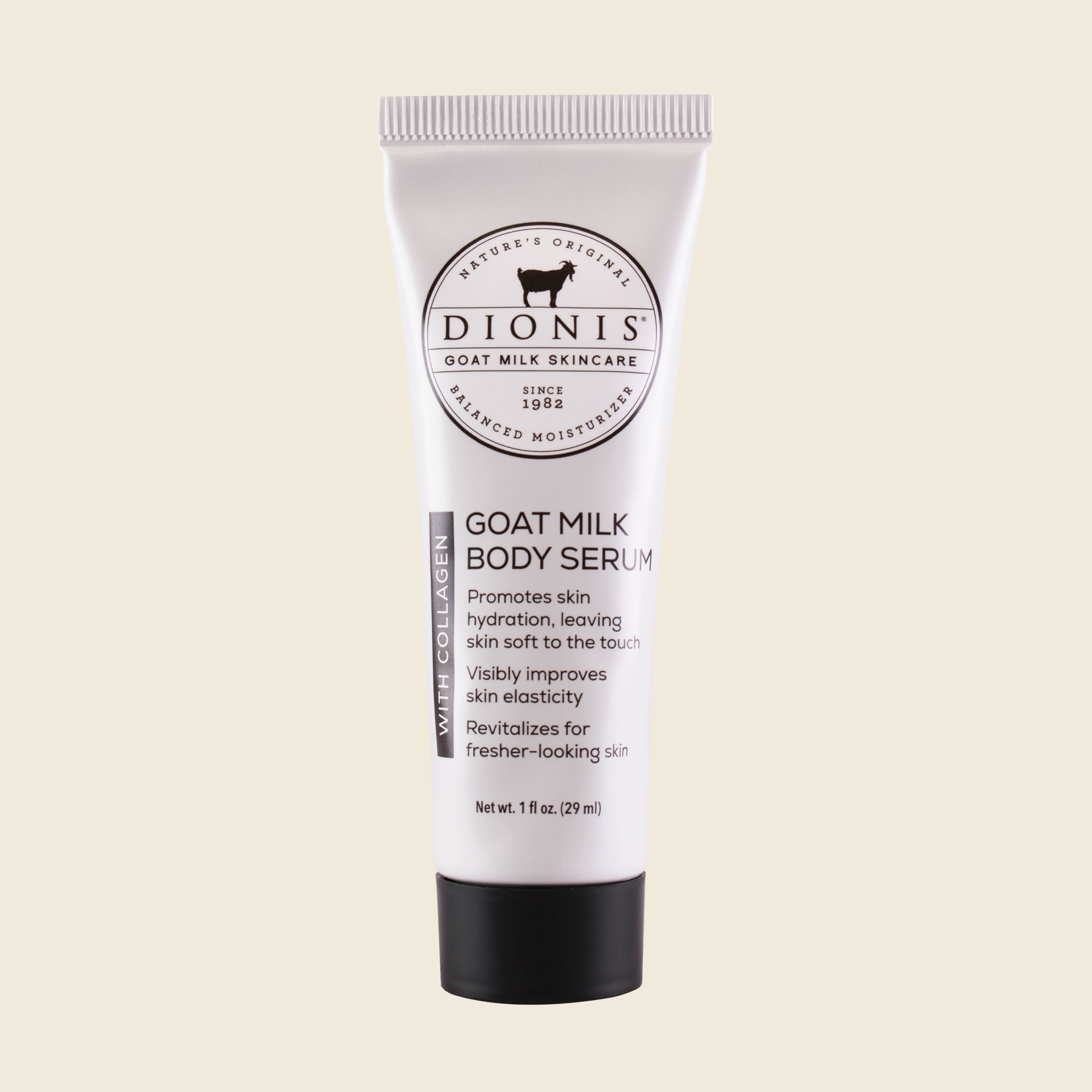 A white squeeze tube of Dionis Goat Milk Body Serum with Collagen, 1 fl oz, with a black cap, centered on a solid light beige background.