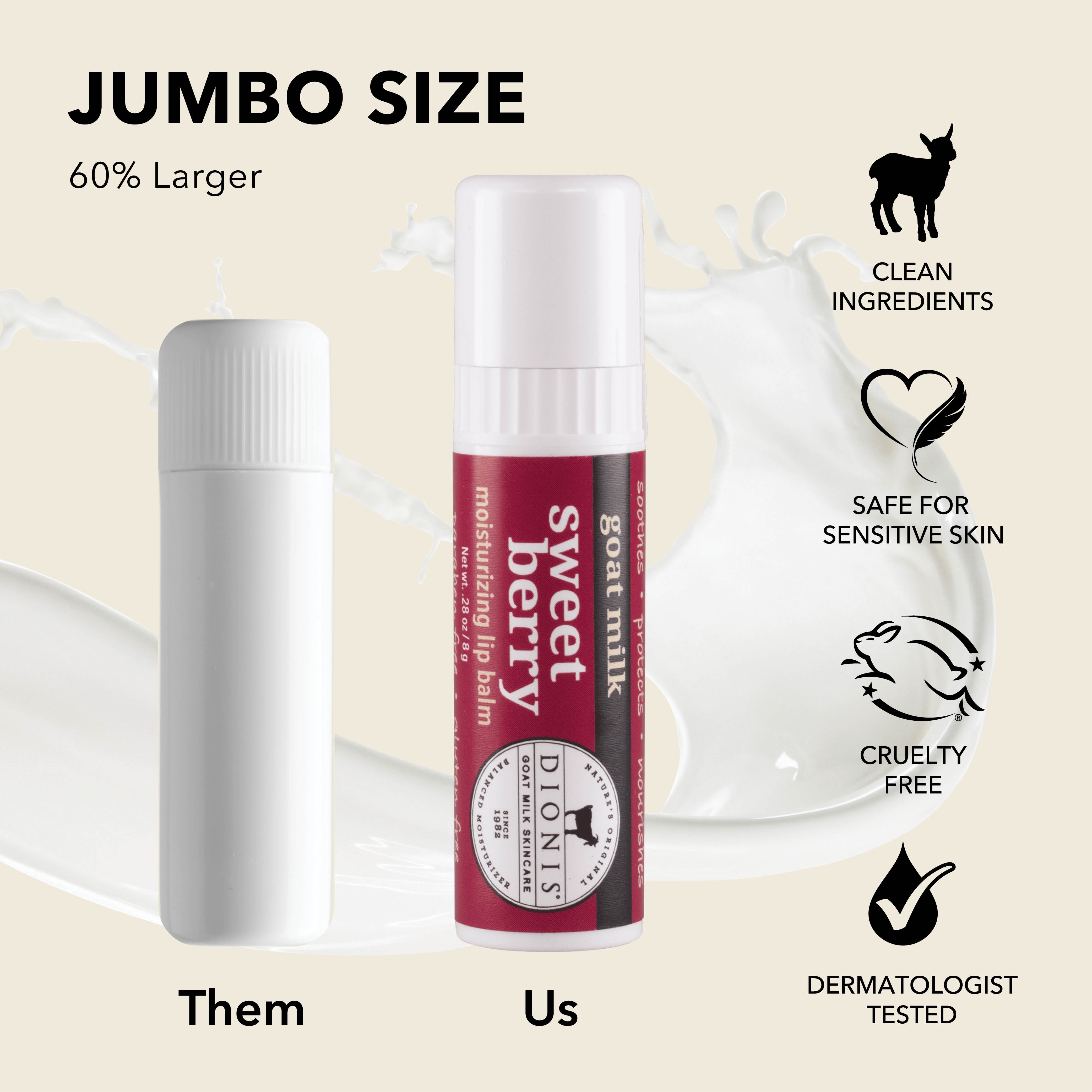 Jumbo Size: Dionis Goat Milk Lip Balms are 60% larger than "other" brands. 

Photo shows .15 oz white balm stick next to .28 oz Sweet Berry stick for comparison.