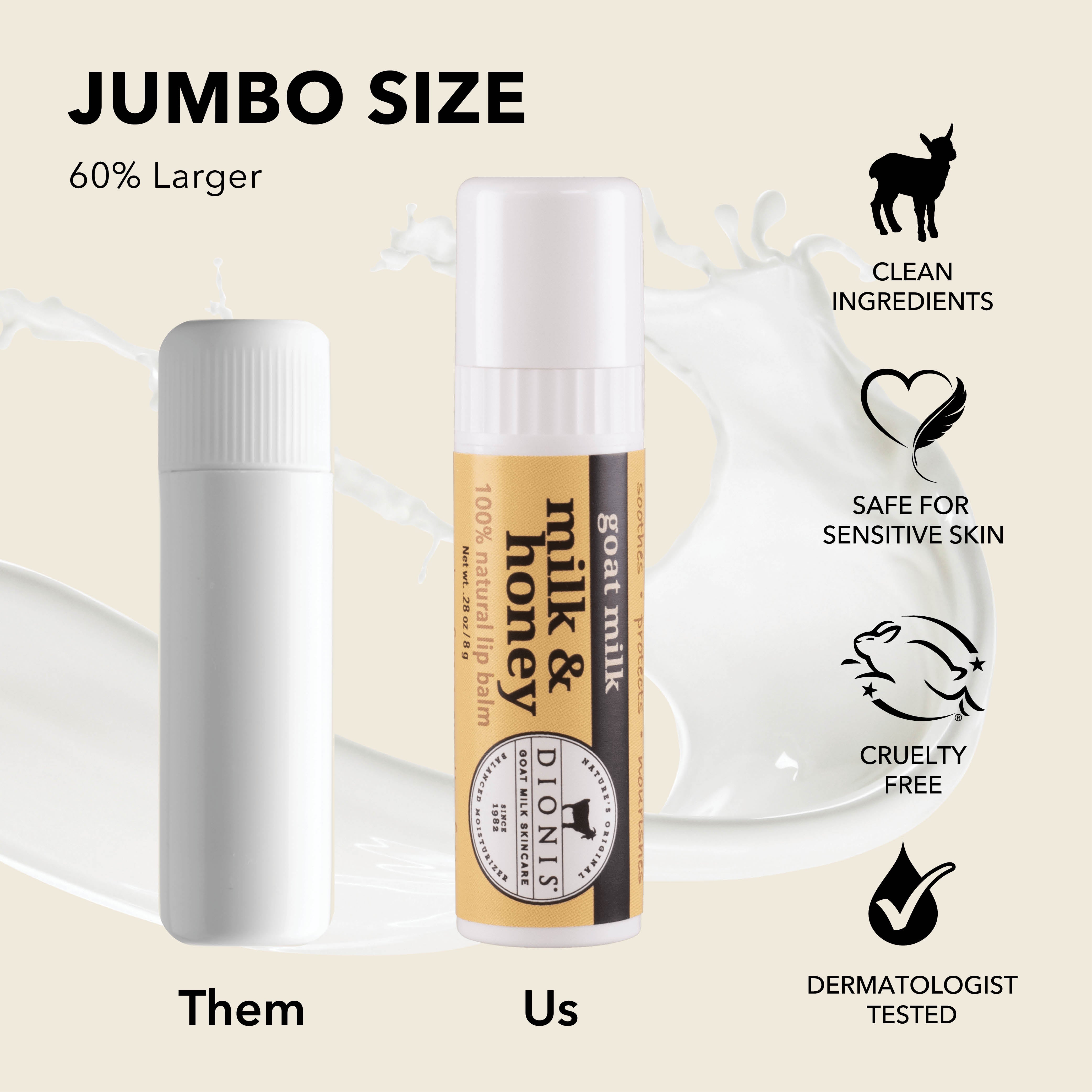 Jumbo Size: Dionis Goat Milk Lip Balms are 60% larger than "other" brands. 

Photo shows .15 oz white balm stick next to .28 oz Milk & Honey stick for comparison.