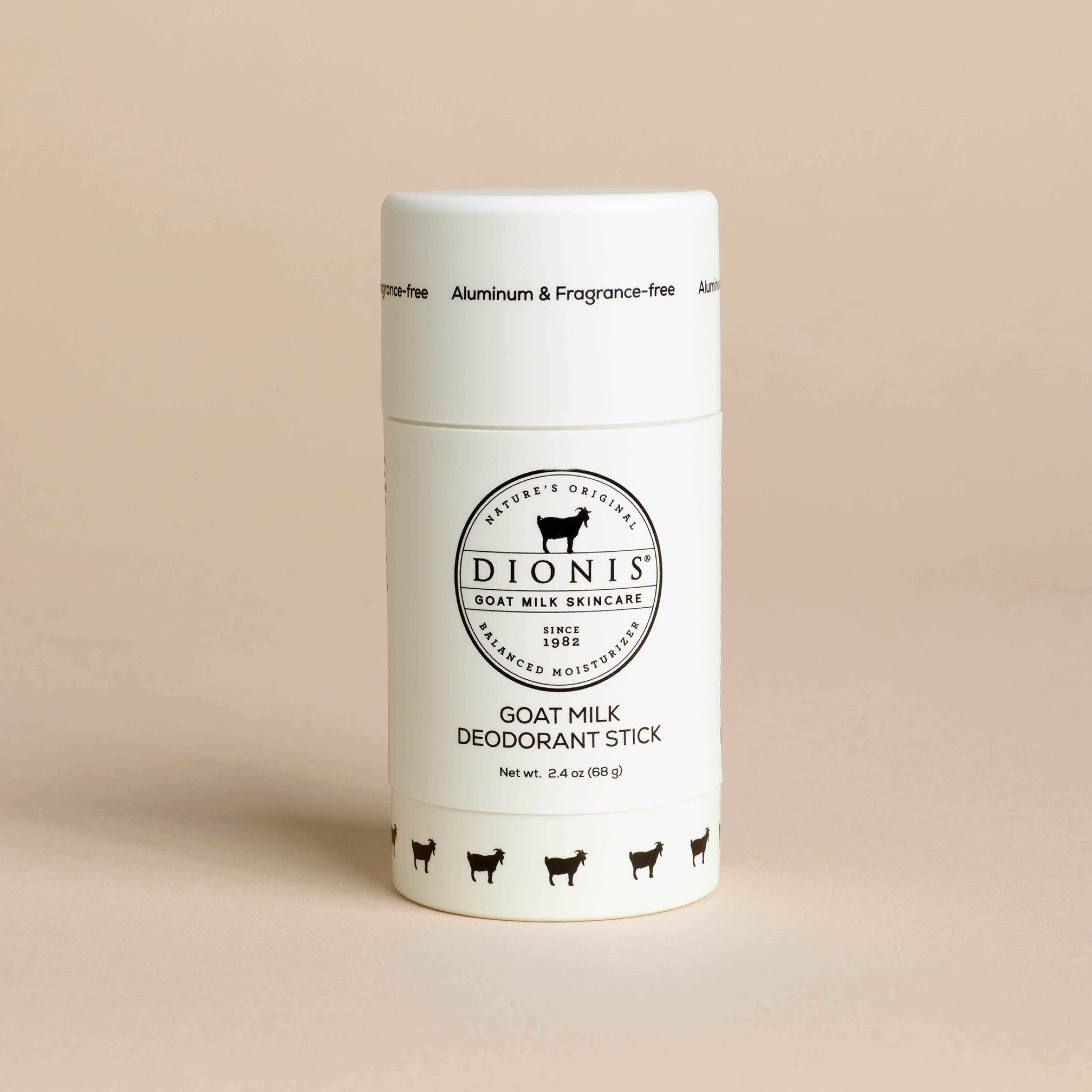 Dionis Goat Milk Deodorant Stick Fragrance Free, Aluminum Free, on a beige background