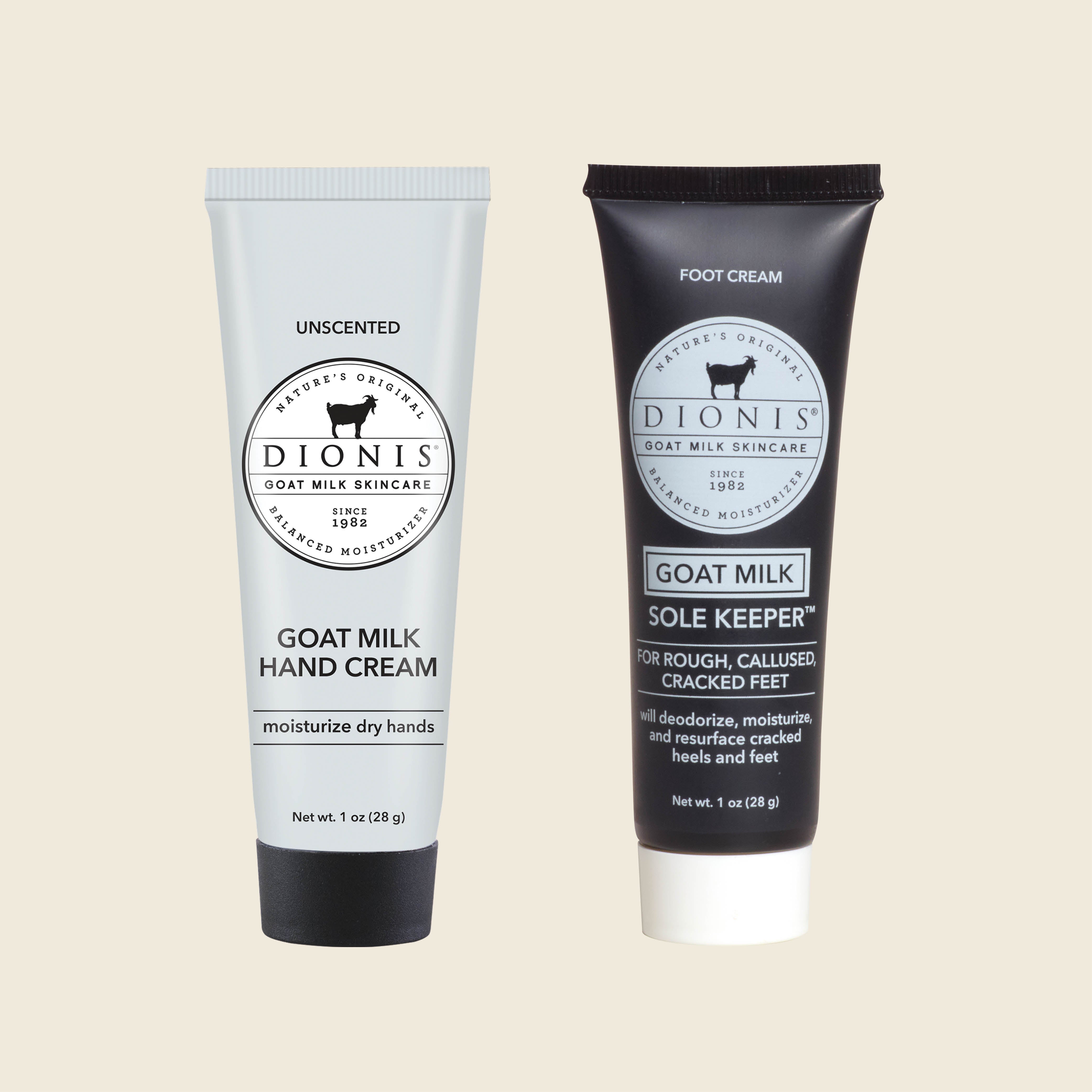 Two tubes of Dionis Goat Milk Skin Care products on a light beige background: an unscented hand cream in a white tube with a black cap, and a foot cream in a black tube with a white cap.