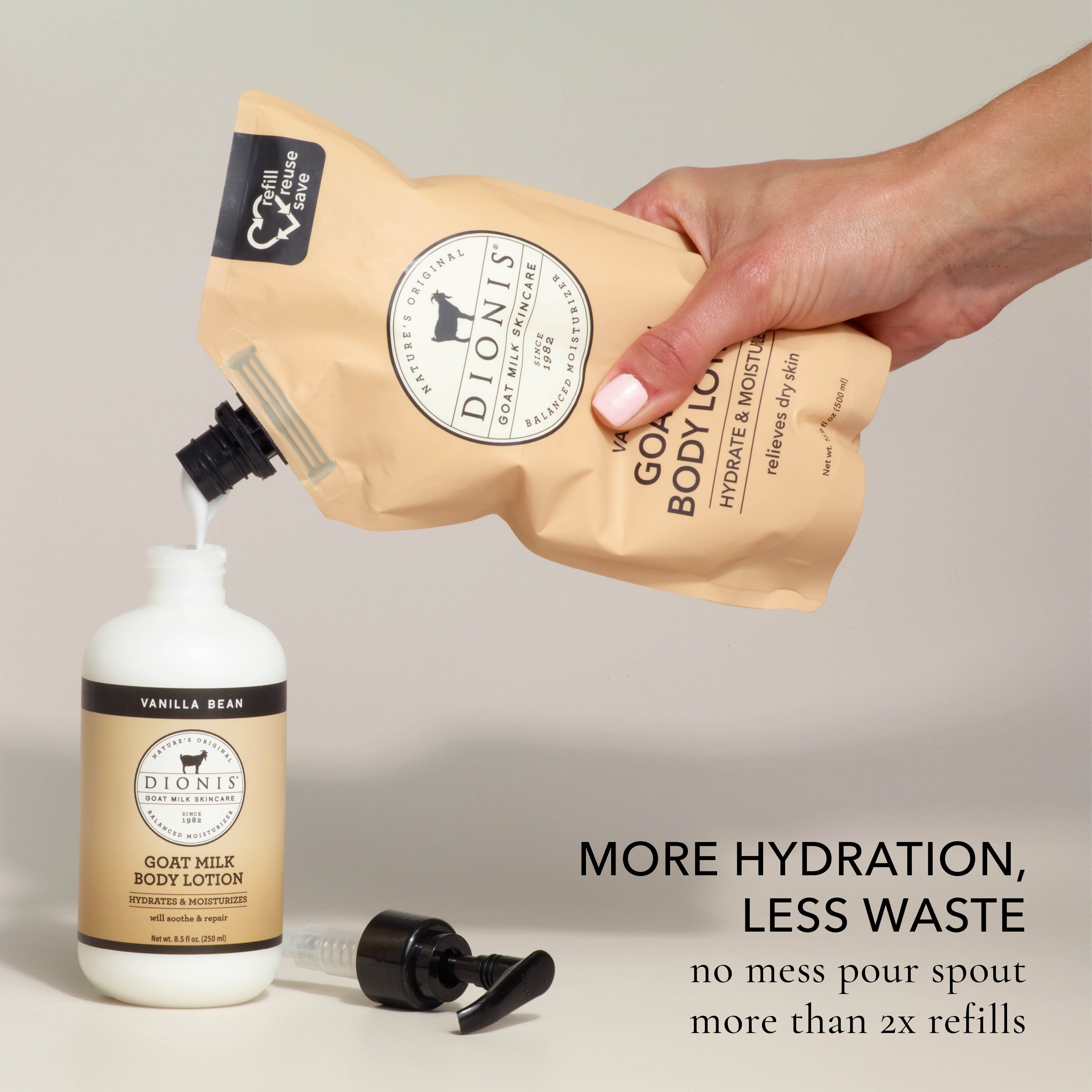A hand holds a refill pouch of Dionis Goat Milk Body Lotion above a white pump bottle with a spilled black pump. The scene shows product packaging and a hand against a light neutral background, with text reading 'MORE HYDRATION, LESS WASTE'.