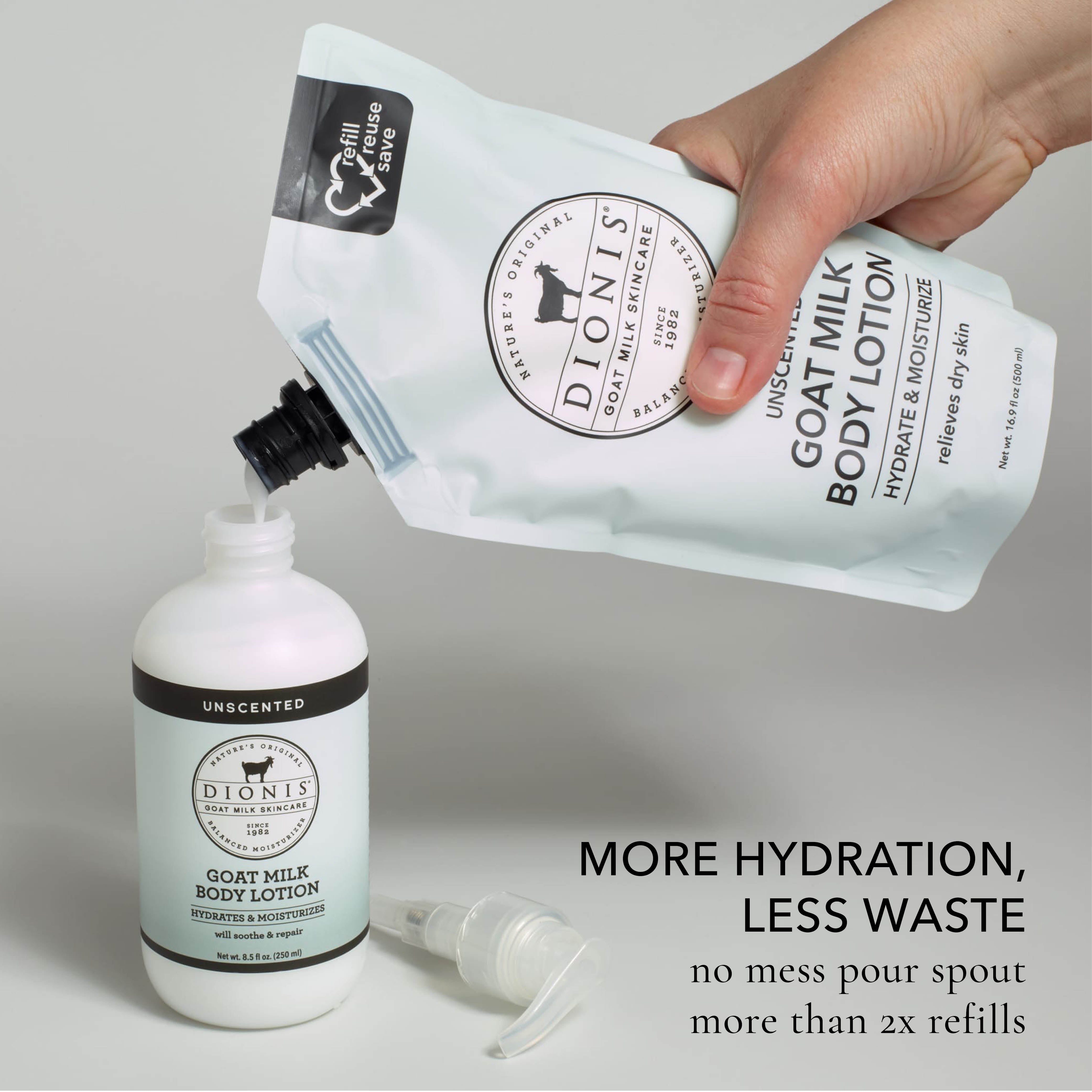A hand pours liquid from a white Dionis Goat Milk Body Lotion refill pouch into a white bottle of unscented goat milk body lotion. A clear applicator tip lies on the surface, with text on the right reading 'MORE HYDRATION, LESS WASTE'.