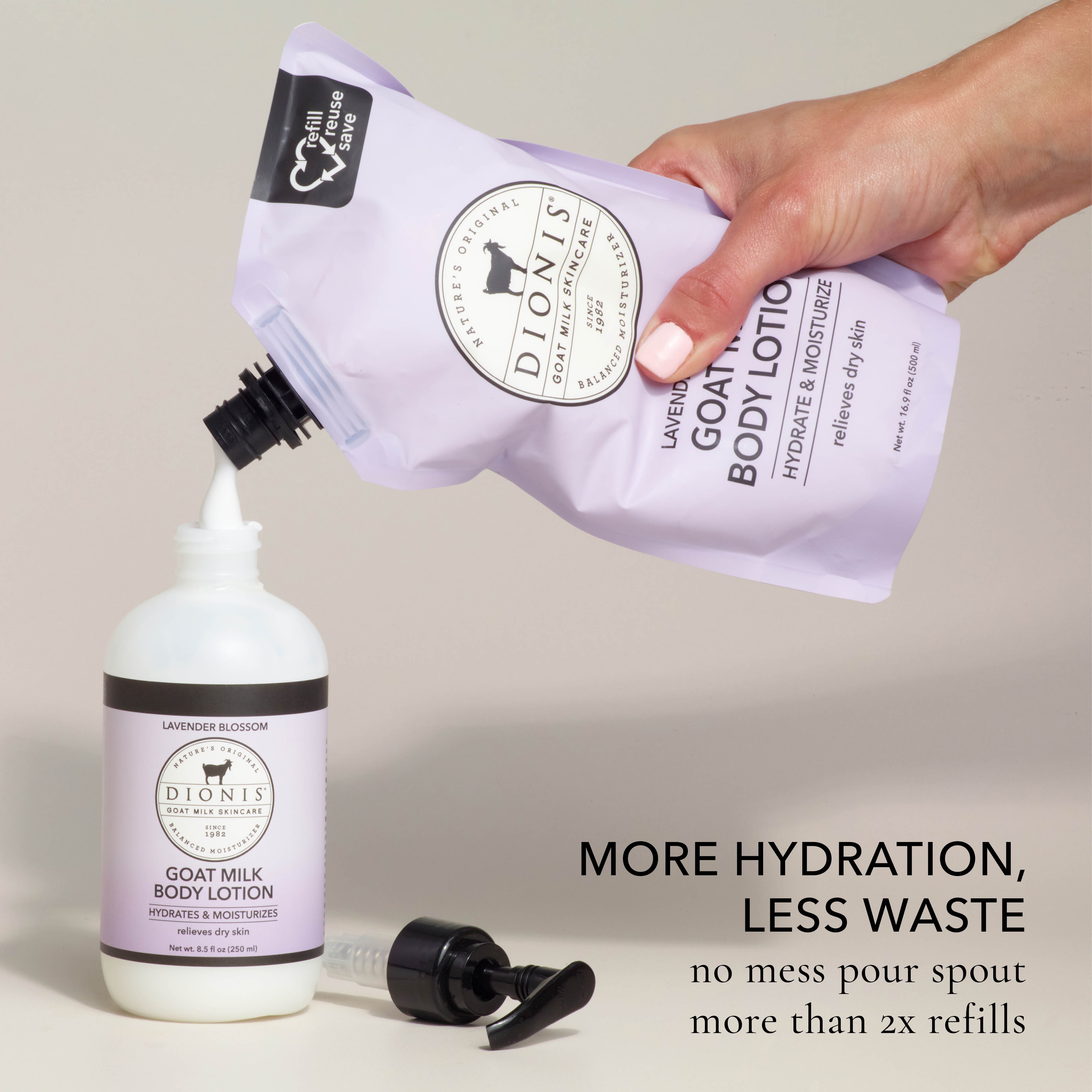 A hand pours Lavender Blossom from a refill pouch of Dionis Goat Milk Skincare Body Lotion. 