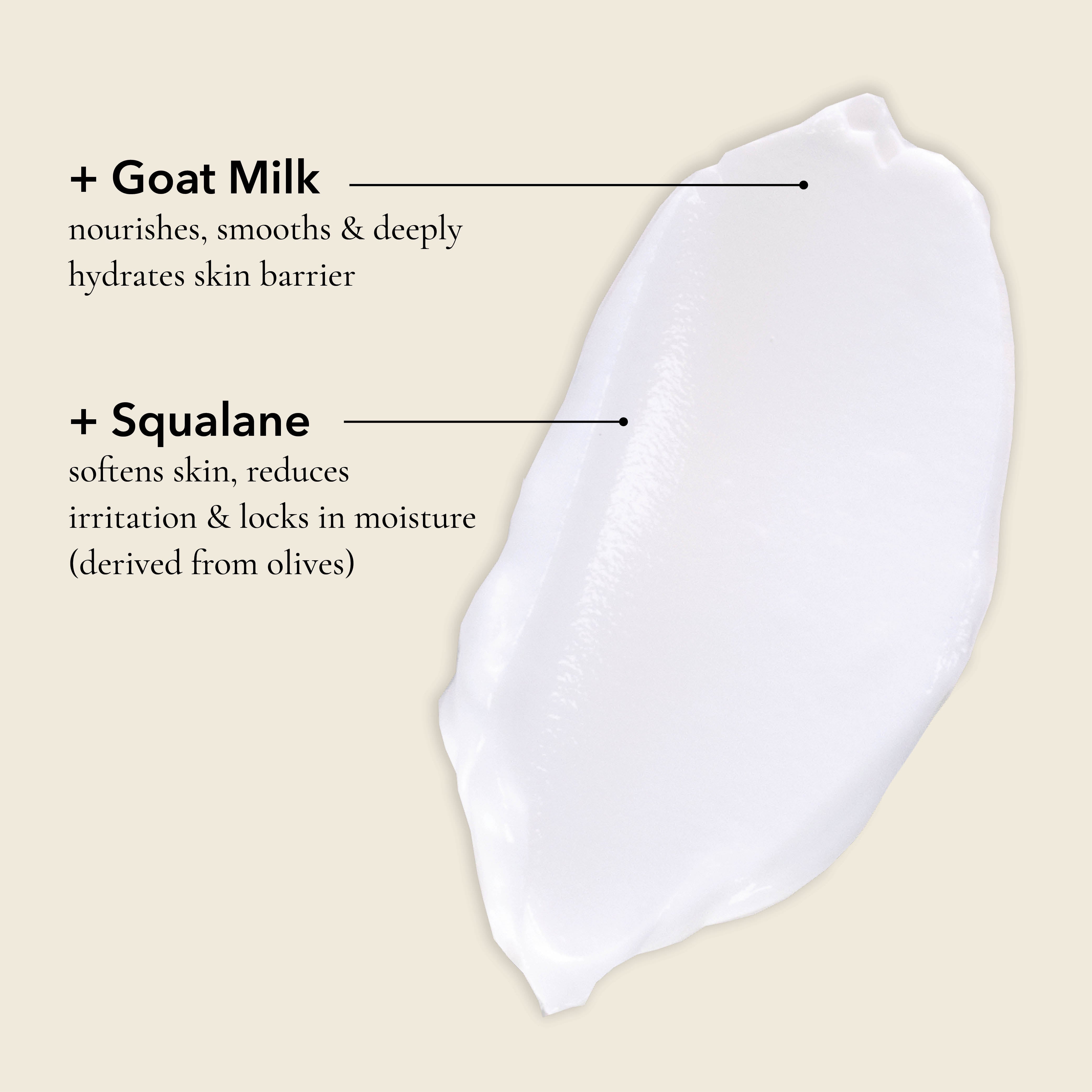 Product swatch with key ingredients highlighted. Goat Milk - nourishes smooths and deeply hydrates skin barrier. Squalane - softens skin, reduces irritation and locks in moisture (derived from olives)