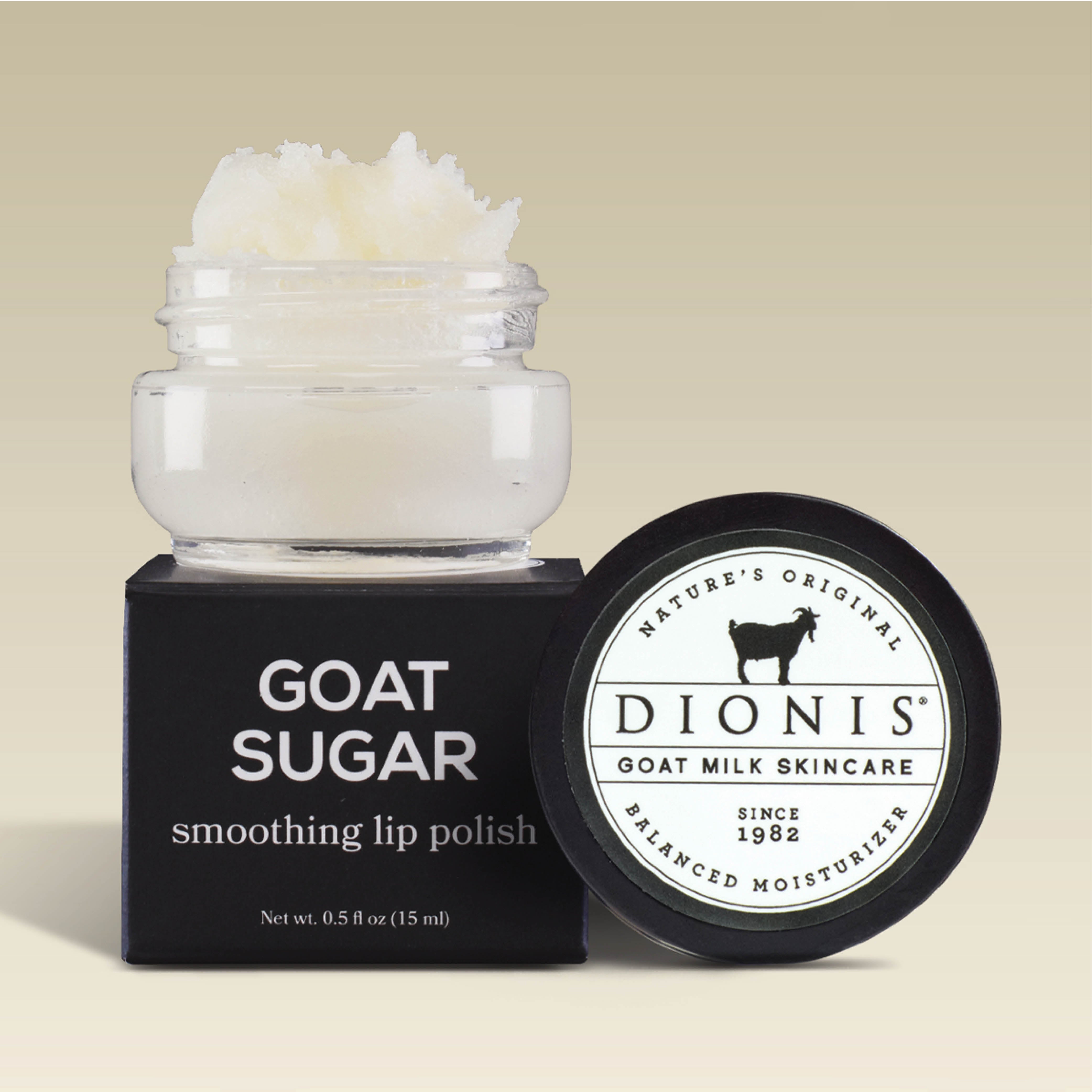 Dionis Goat Sugar Smoother Lip Polish, open jar with black packaging and Dionis Goat Milk Skincare logo.