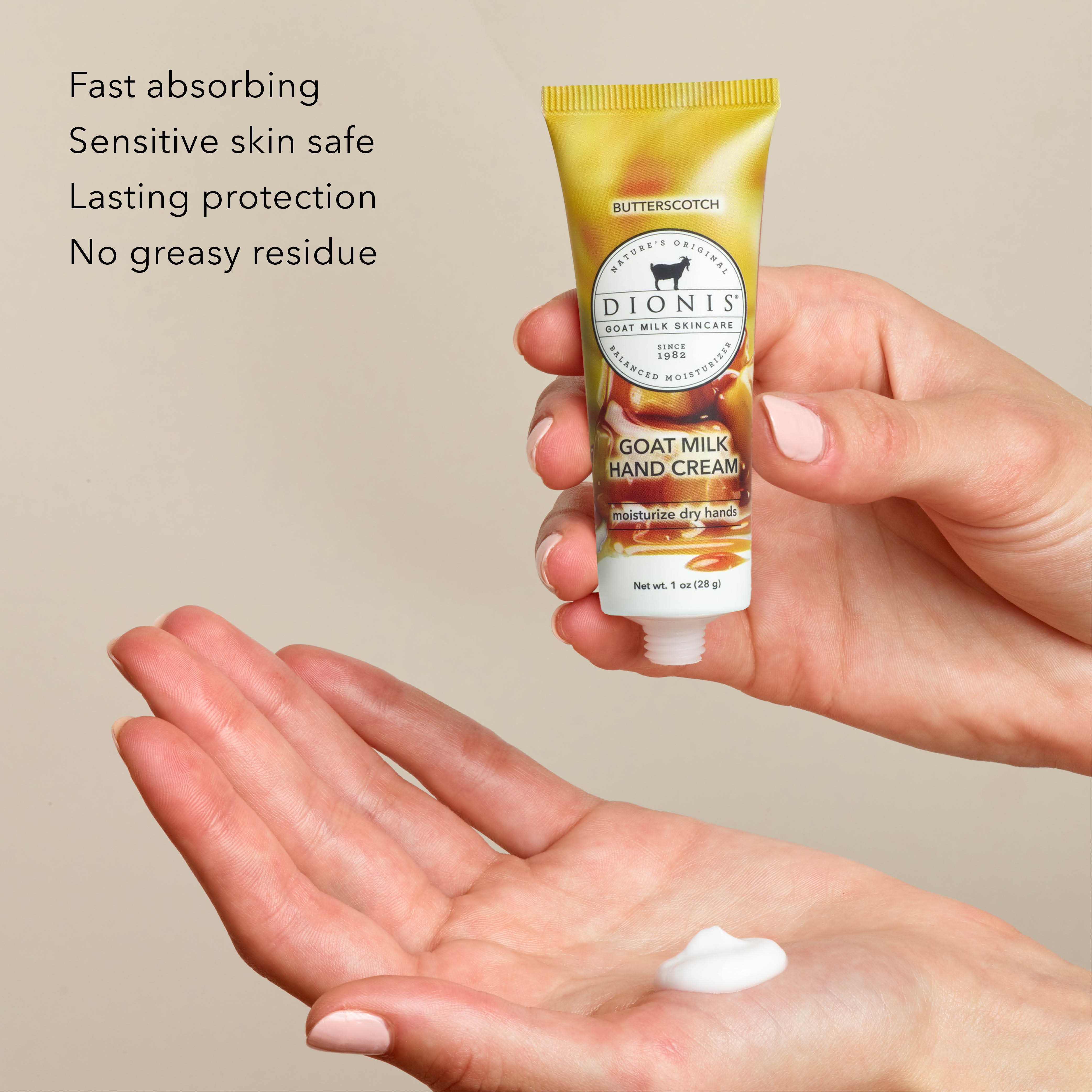 A hand holds a squeeze tube of Dionis Goat Milk Hand Cream above another hand showing a small dollop of the white cream. Text on the left lists product benefits: Fast absorbing, Sensitive skin safe, Lasting protection, No greasy residue.