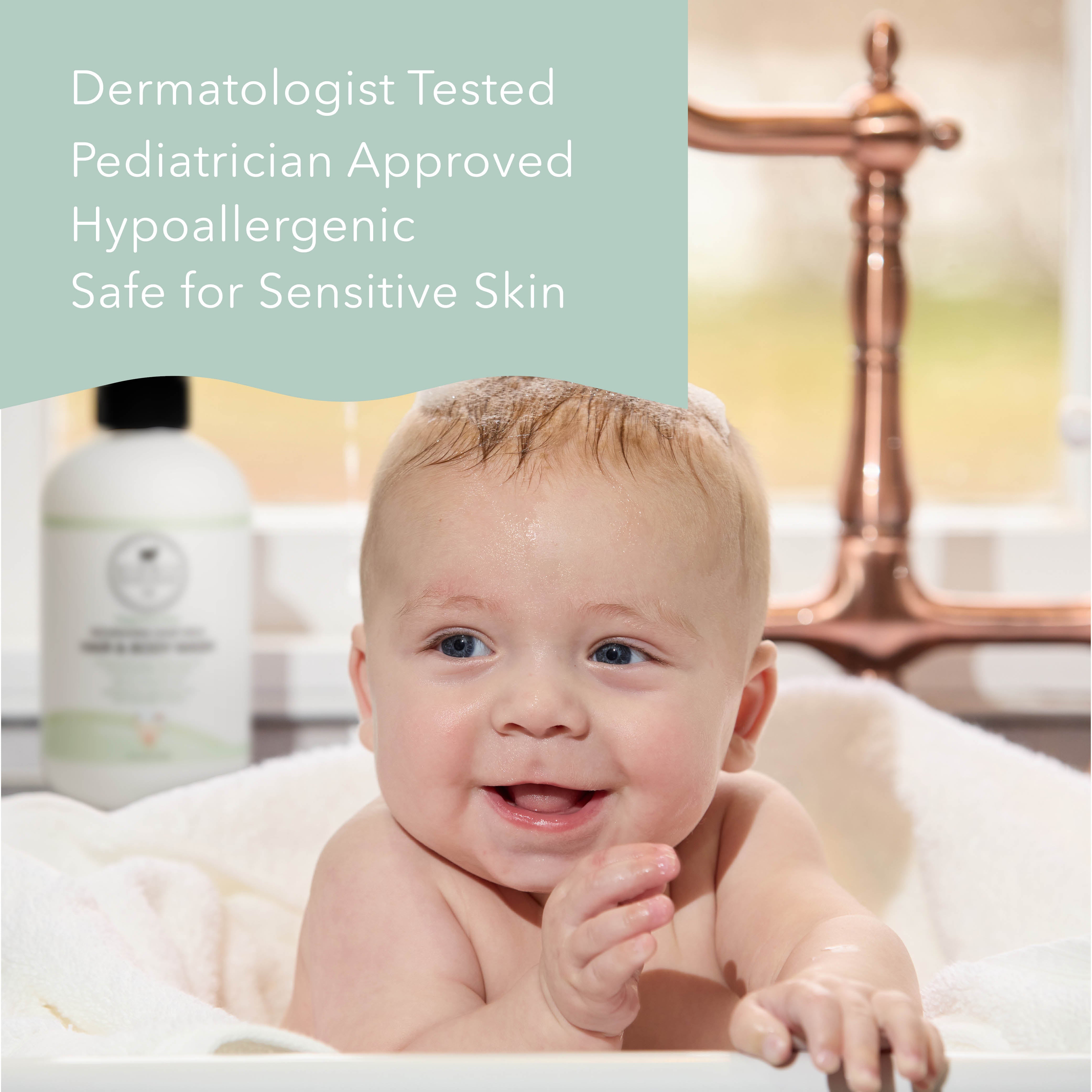 A baby sitting in a bathtub with a bottle of hypoallergenic baby wash in the background, overlaid with text reading 'Dermatologist Tested Pediatrician Approved Hypoallergenic Safe for Sensitive Skin'.