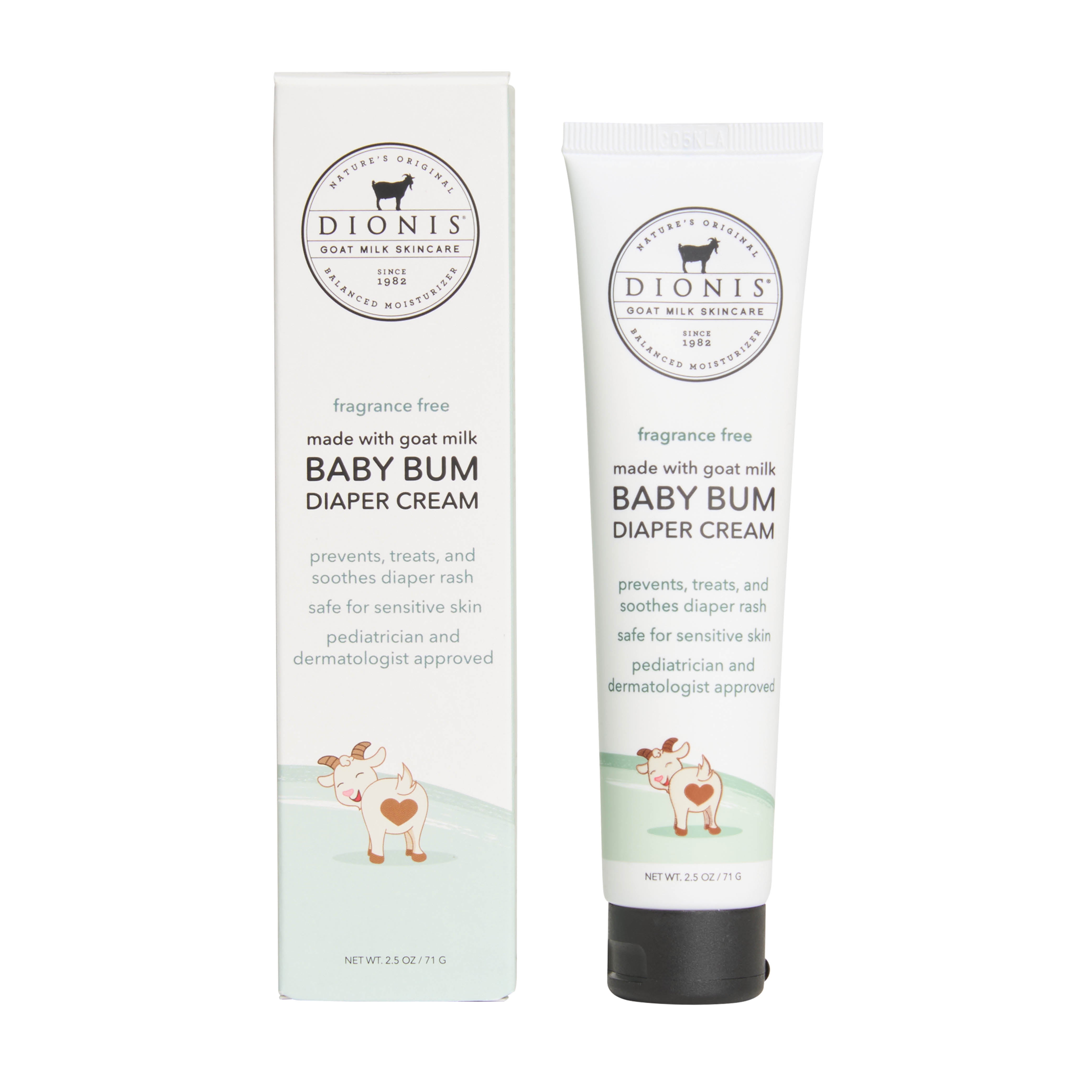 Dionis Goat Milk Diaper Cream shown with its white and pale green packaging box and the cream tube itself on a plain white background.