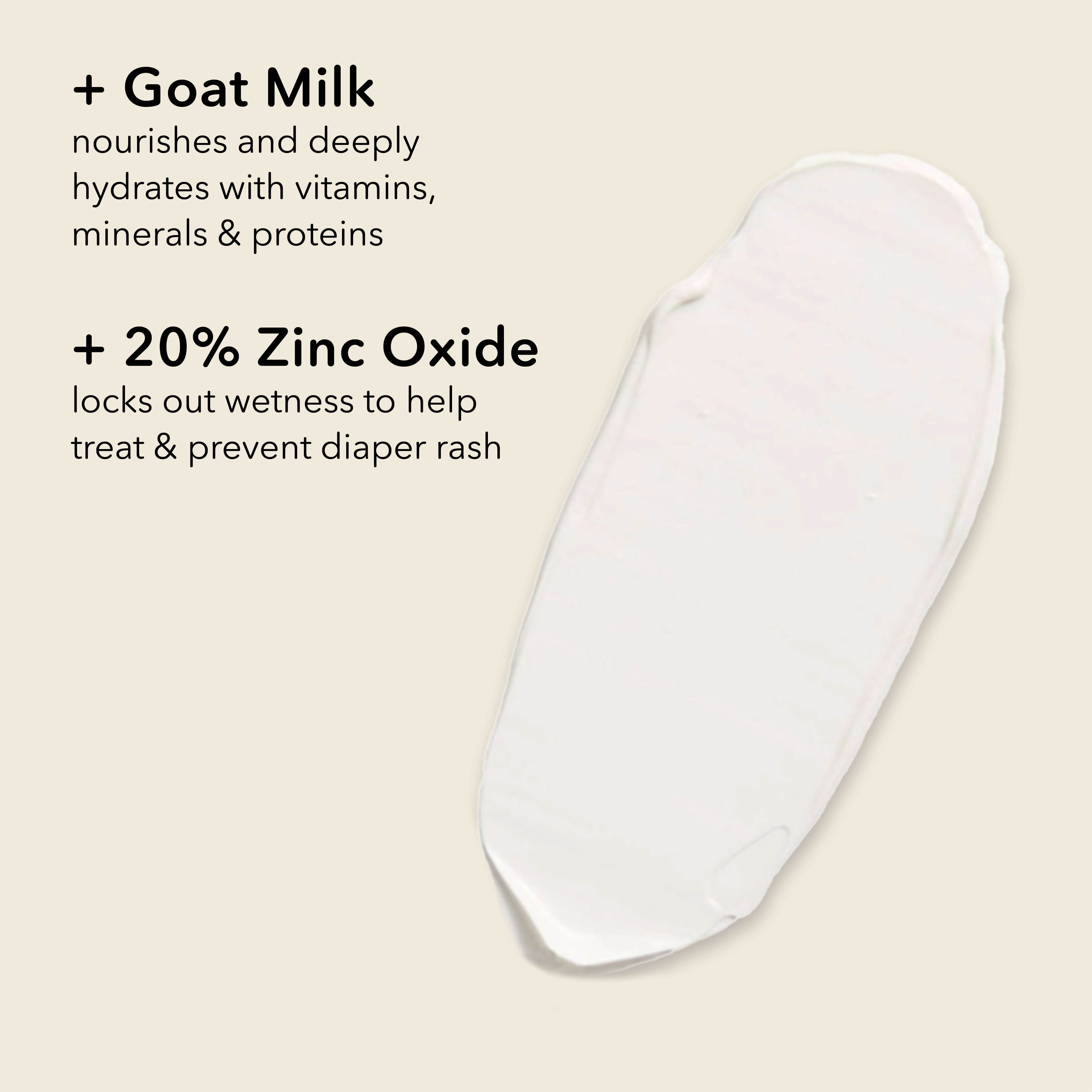 A white diaper cover or pad shown on a light beige background with black text highlighting features such as goat milk nourishment and 20% zinc oxide.