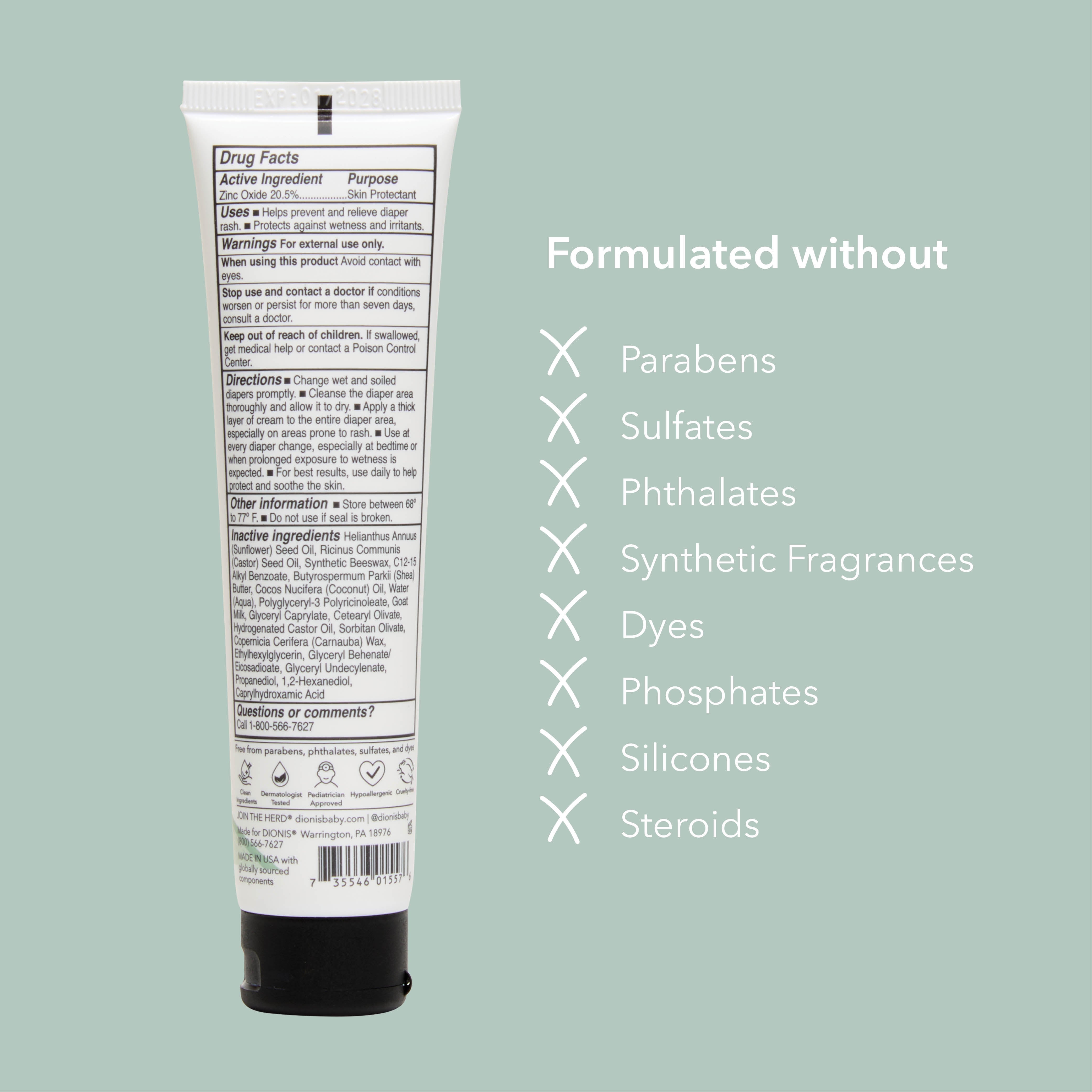 A white cosmetic tube with a black cap shown upright on a pale green background, with text reading 'Formulated without' and a list of excluded ingredients including parabens, sulfates, phthalates, synthetic fragrances, dyes, phosphates, silicones, and steroids.
