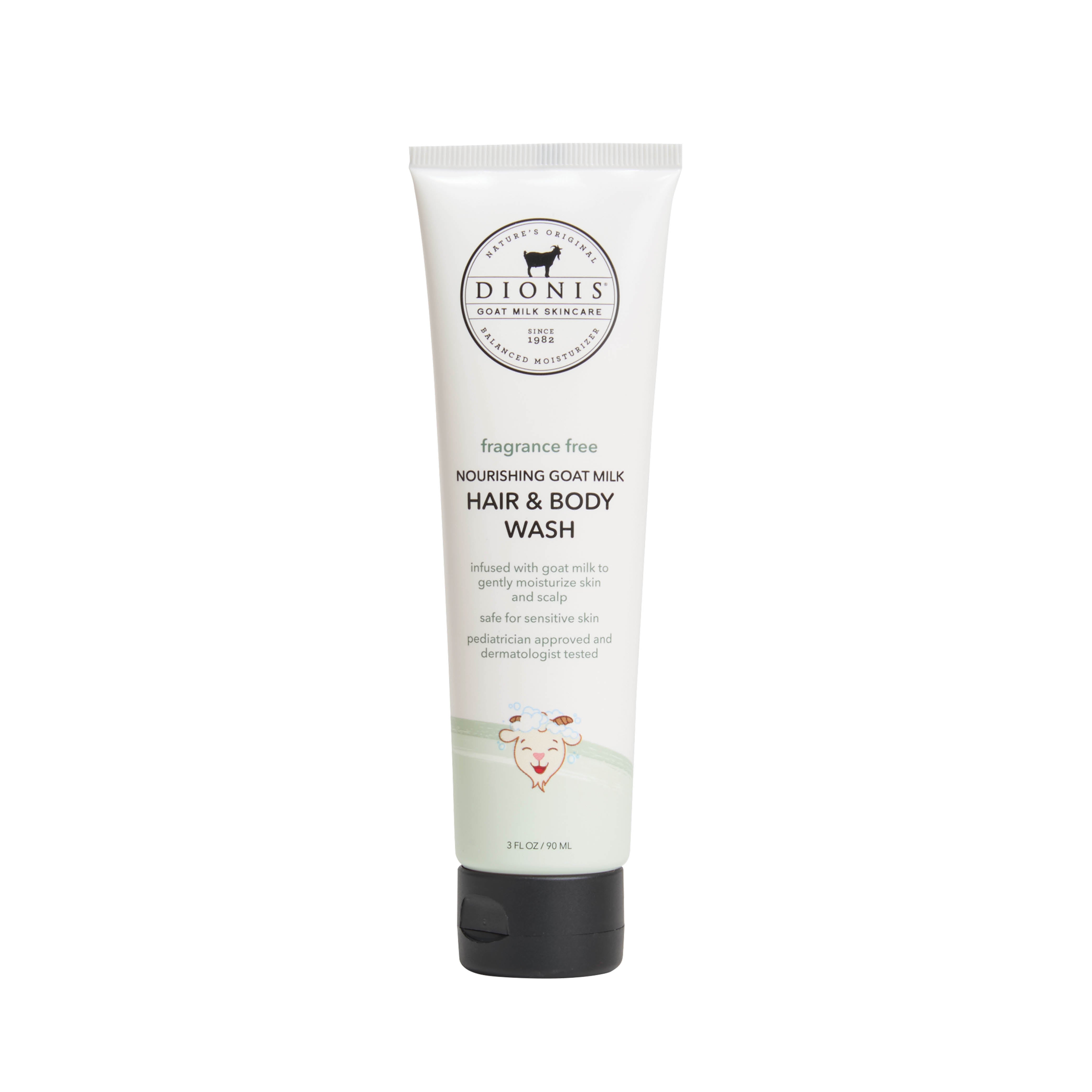A white squeeze tube of Dionis Fragrance Free Nourishing Goat Milk Hair & Body Wash with a black cap, shown on a plain white background.