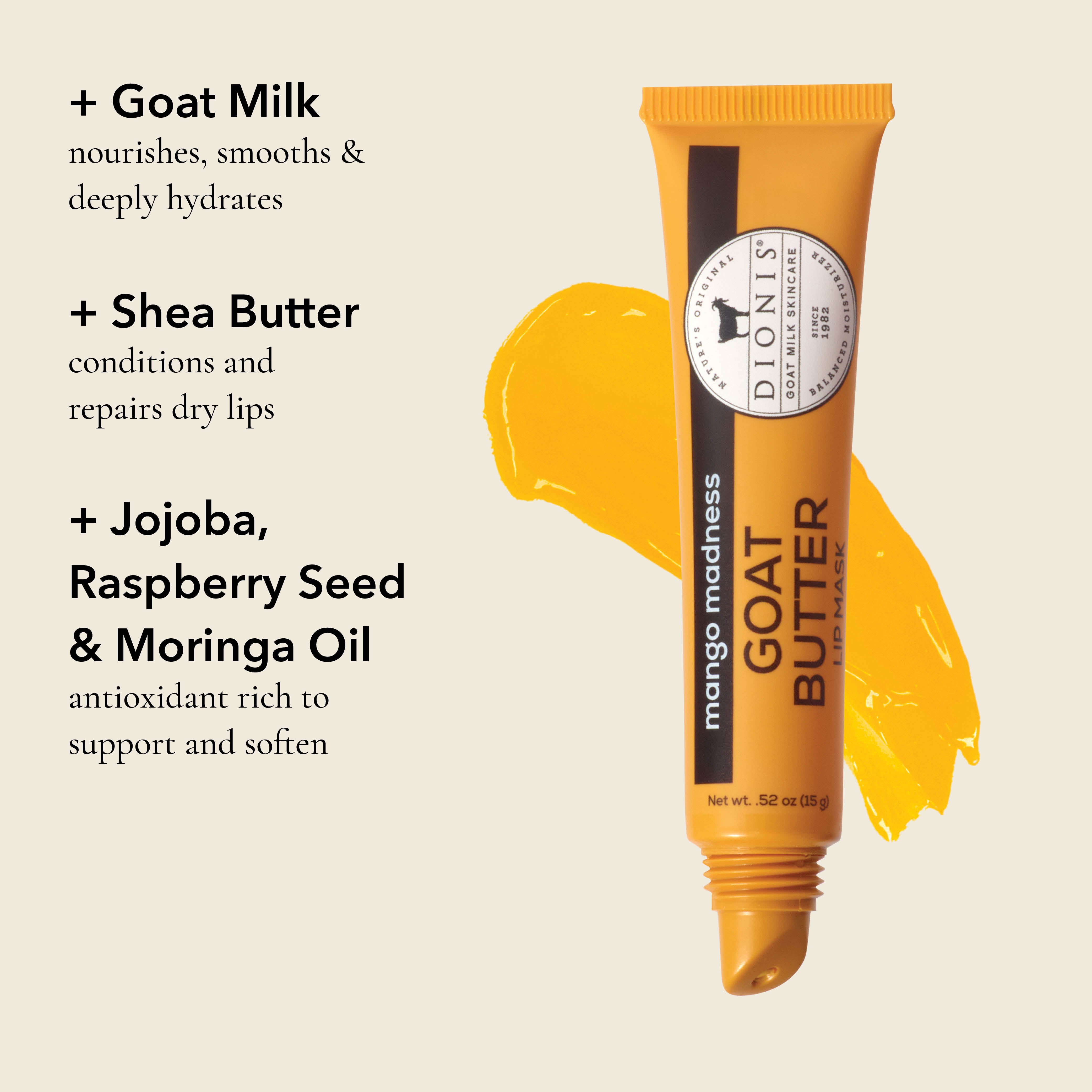 Dionis Goat Butter Lip Mask in Mango Madness with swatch to show color