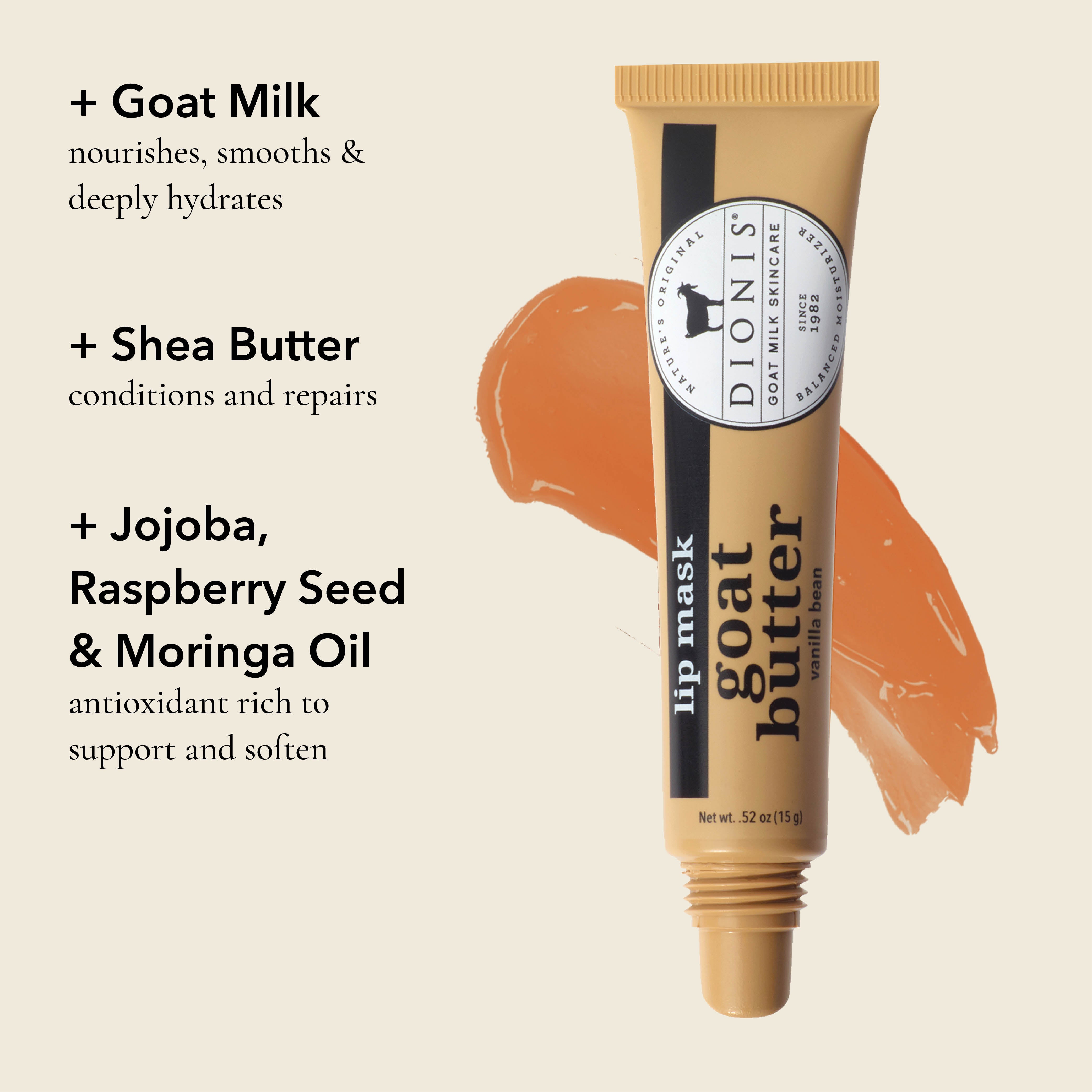 Dionis Goat Milk Skincare Lip mask tube  over a color swatch with key ingredients listed on a beige background